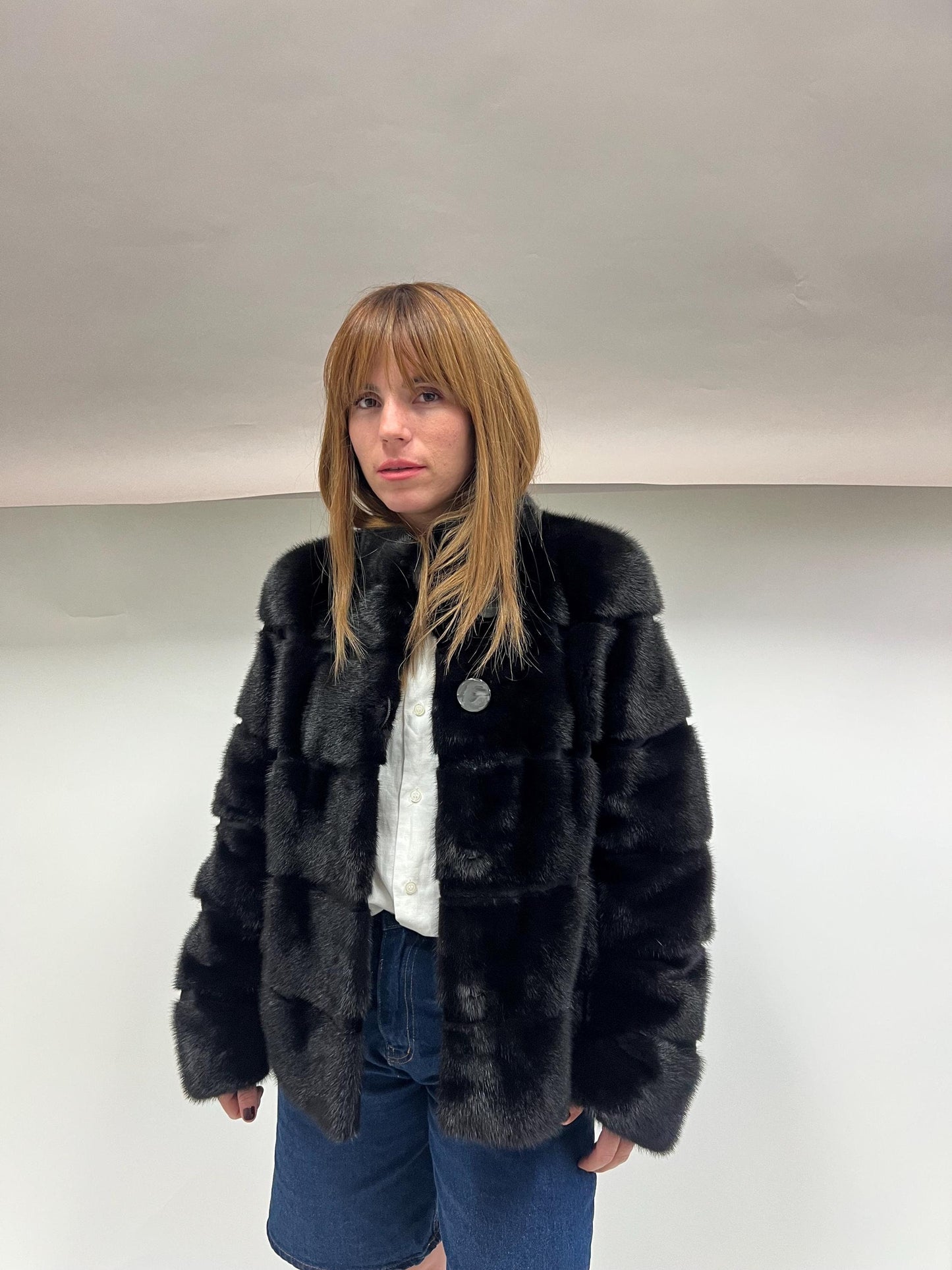 Saga Mink Fur Bolero Jacket: Black Horizontal Collar, Full Skin