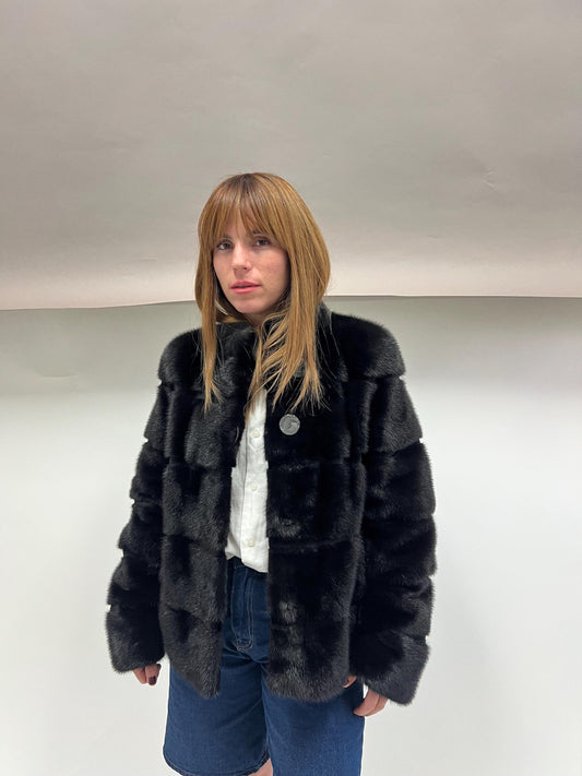 Saga Mink Fur Bolero Jacket: Black Horizontal Collar, Full Skin