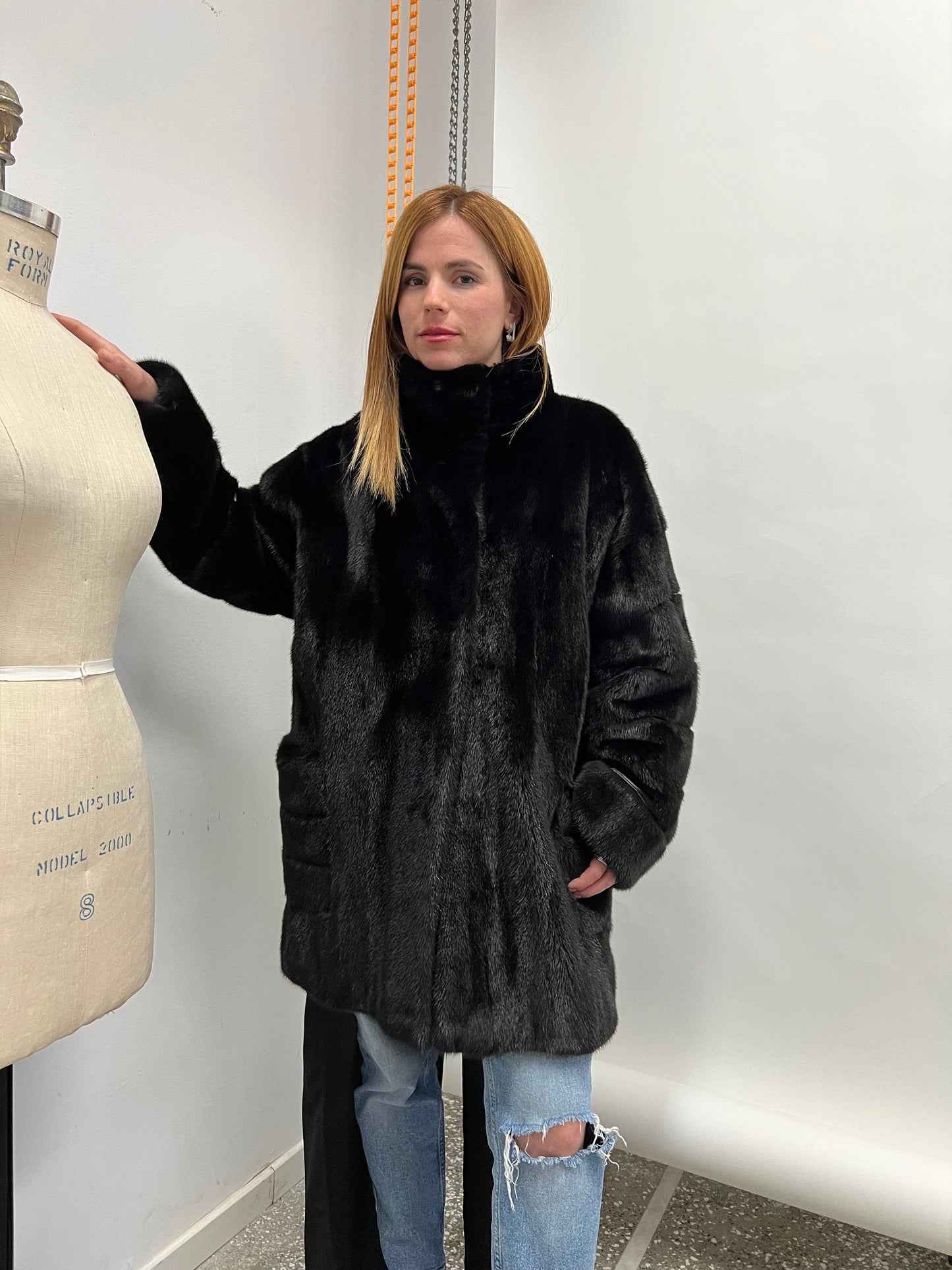 Black Mink Fur Coat, Boxy Jacket with Collar, Size Small