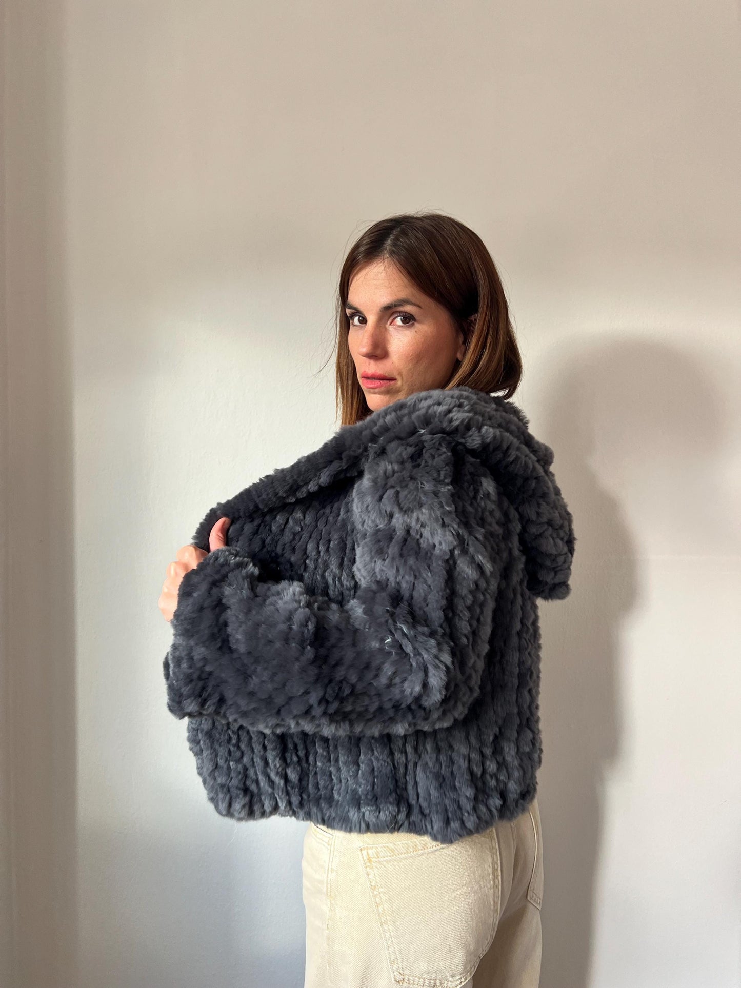 Handwoven Rabbit Fur Hooded Jacket - Dark Grey Lightweight Coat