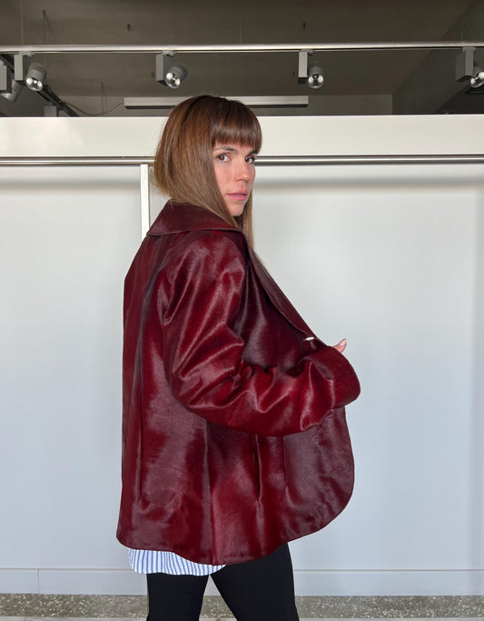 Genuine Cherry Hair-on Hide Leather Coat - Calf Cavallino Jacket