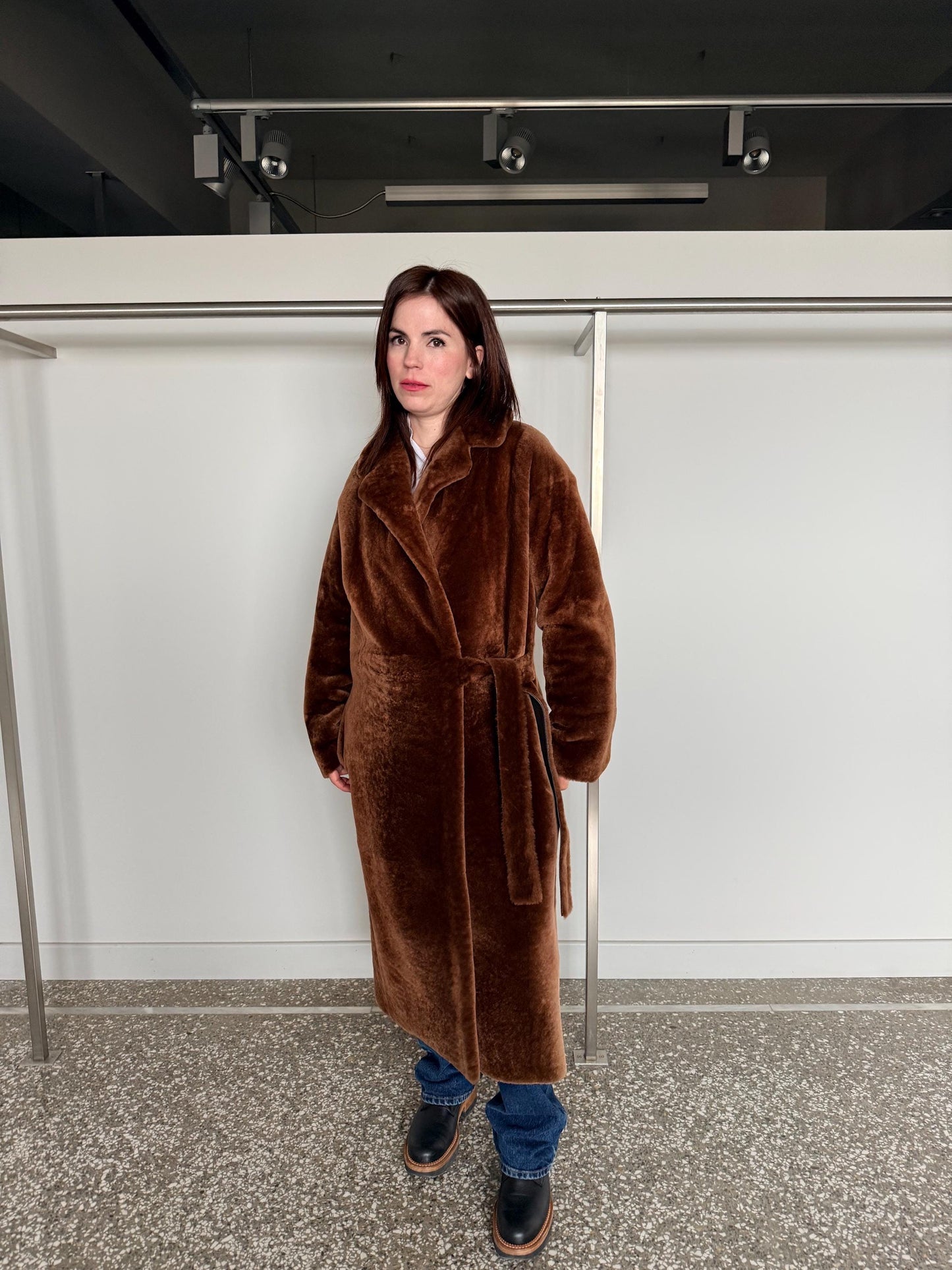 Reversible Merino Shearling Leather Coat: Bronze Sheepskin Stroller Tie Belt