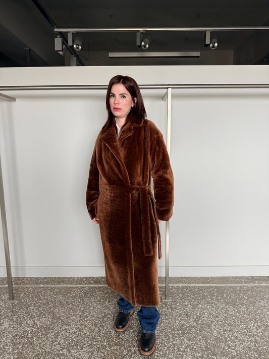 Reversible Merino Shearling Leather Coat: Bronze Sheepskin Stroller Tie Belt