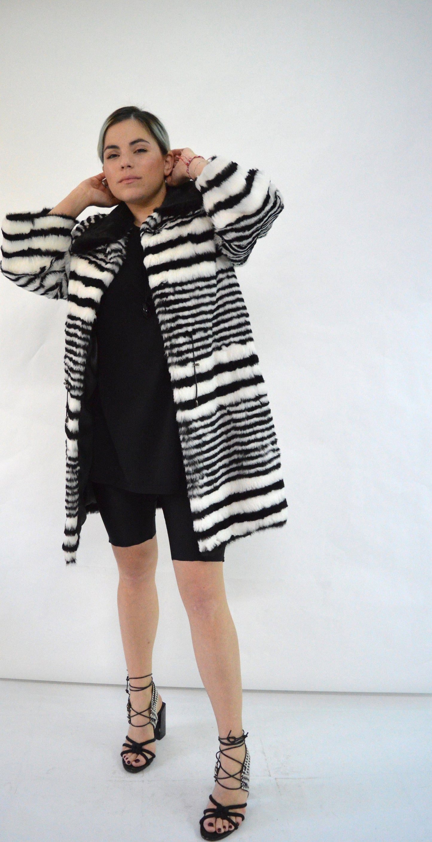 Black & White Rabbit Fur Coat: Mink Collar, Luxury Winter Coat