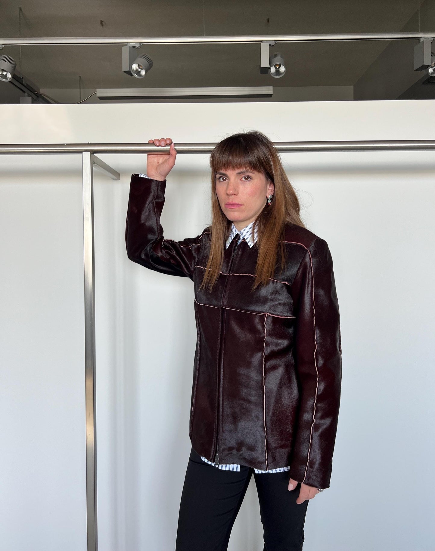 Burgundy Hair-On Calf Hide Leather Coat - Lightweight Zipped Jacket