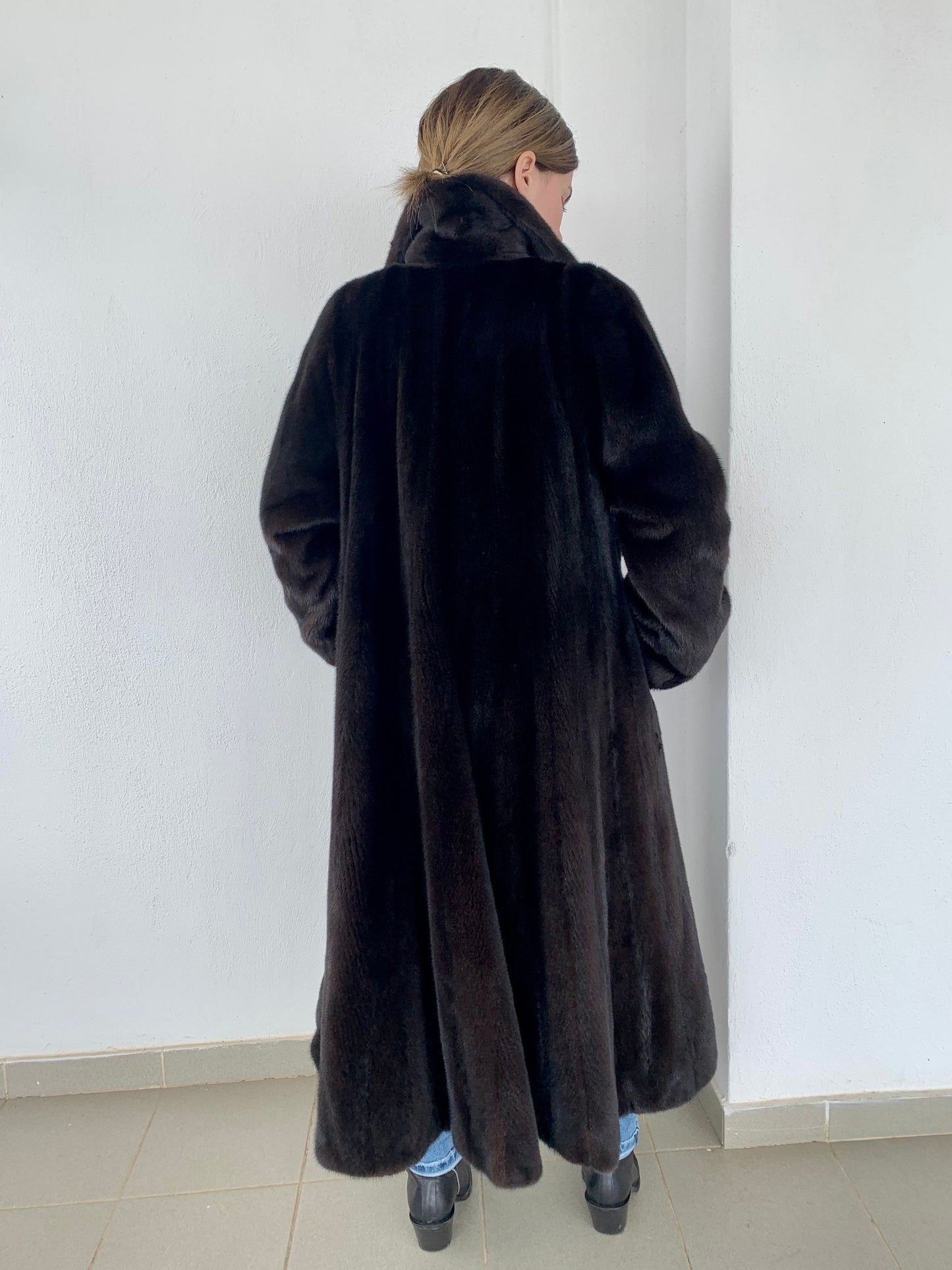 Mahogany Mink Fur Long Coat - Handmade Luxury stroller in full length godet style.