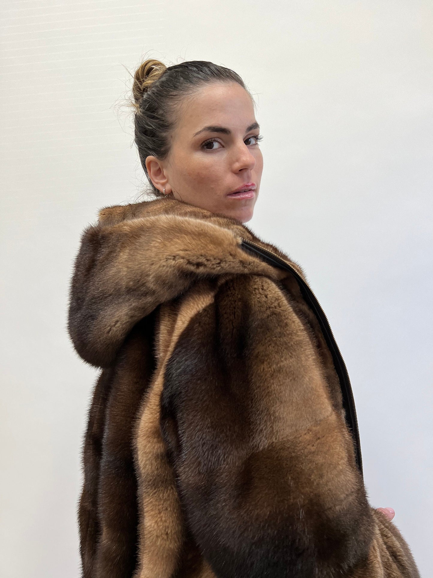 Saga Furs Mink Jacket: Tan Brown Degrade Fur, Hooded
