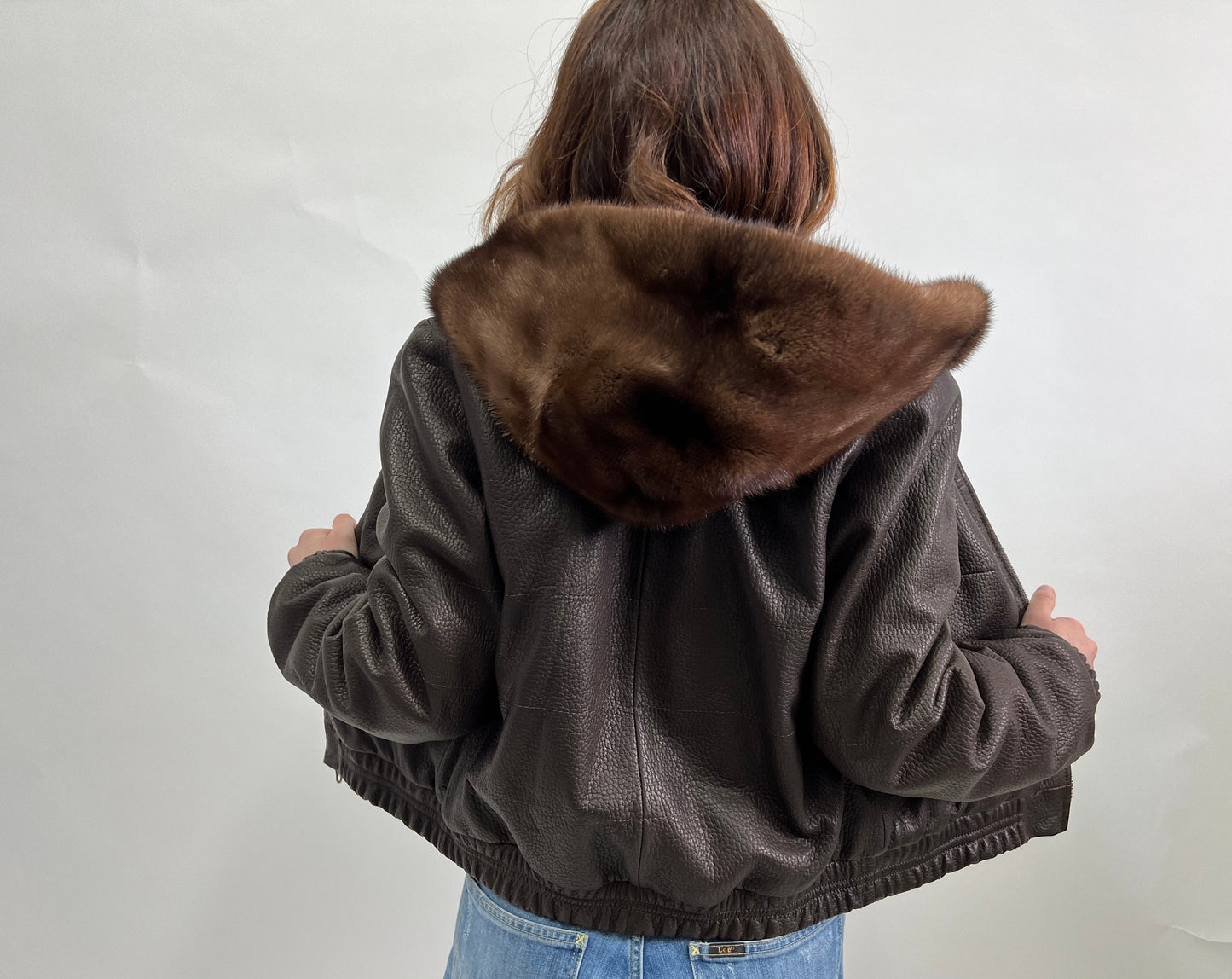 Reversible Brown Leather Mink Fur Hooded Bomber Jacket