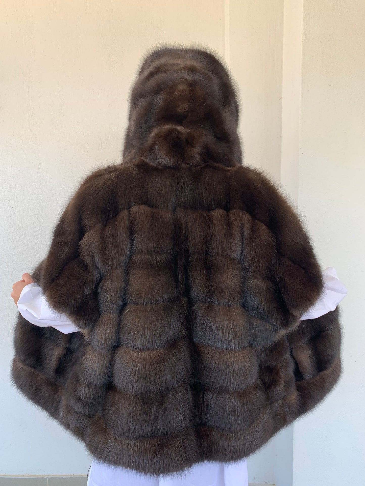 Real Barguzinsky Sable Fur Jacket: Brown Leather Trim Hooded Coat