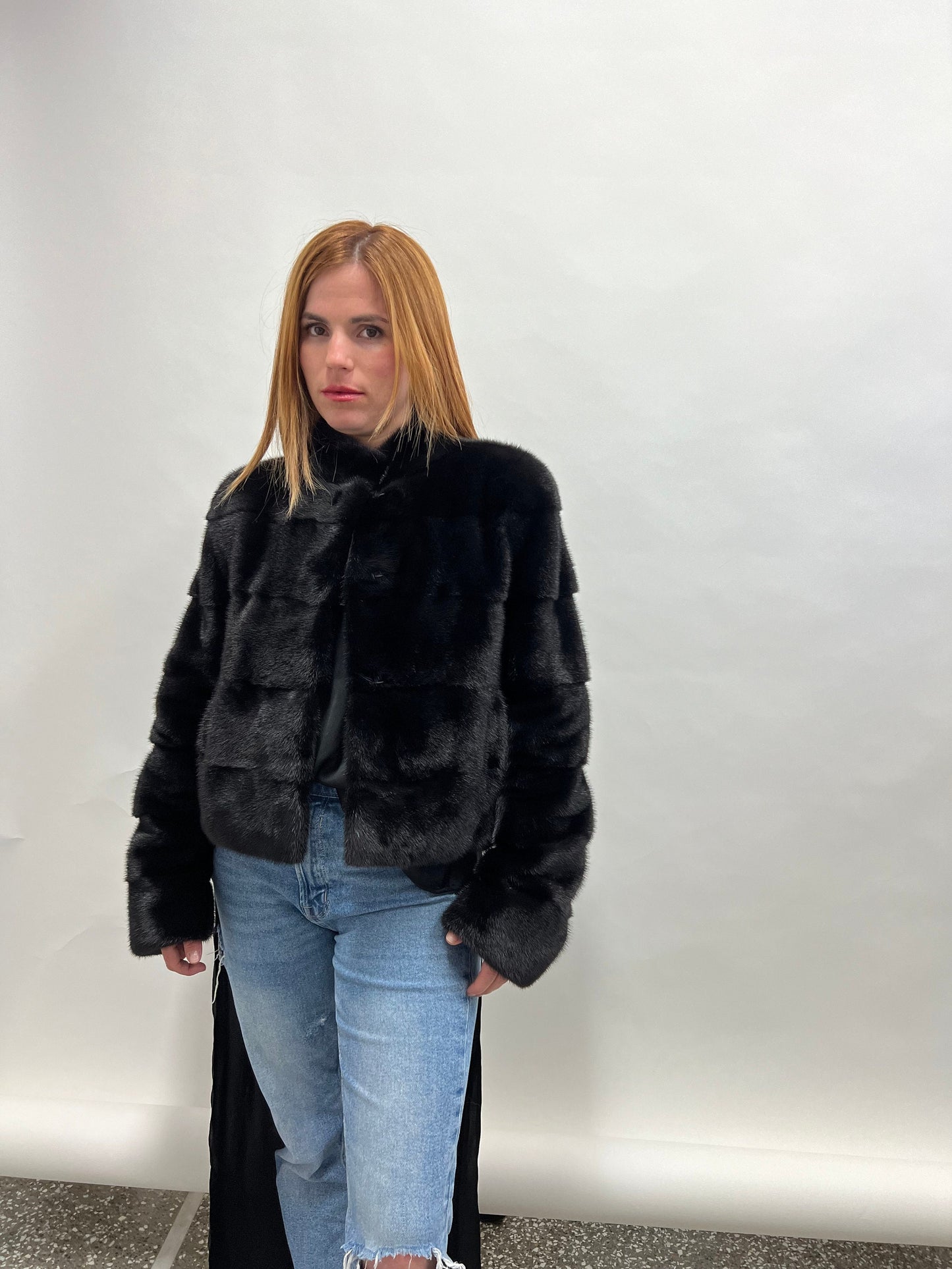 Saga Mink Fur Bolero Jacket: Black Horizontal Collar, Full Skin