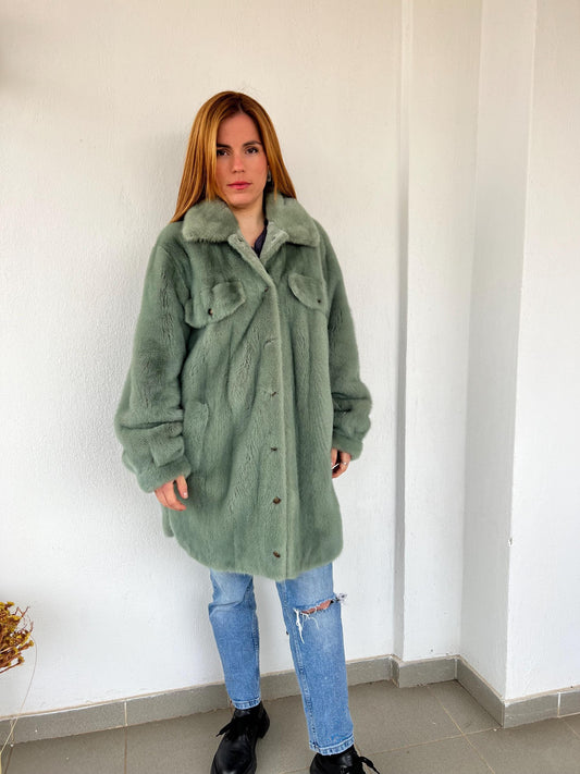 Pistachio Mink Fur Over-Shirt Coat: Grey Boxy Style, XL