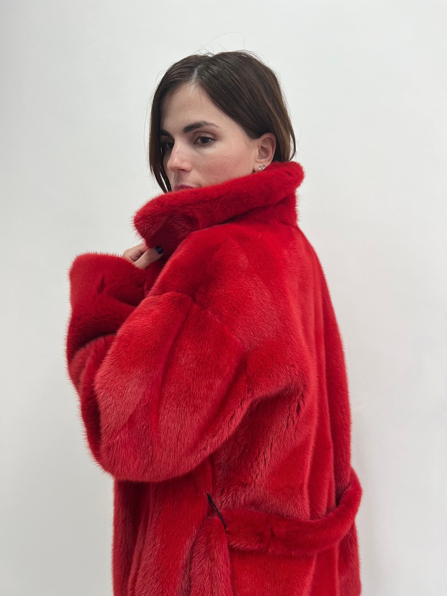 Fire Red Mink Fur Coat: Saga Quality Belted Jacket