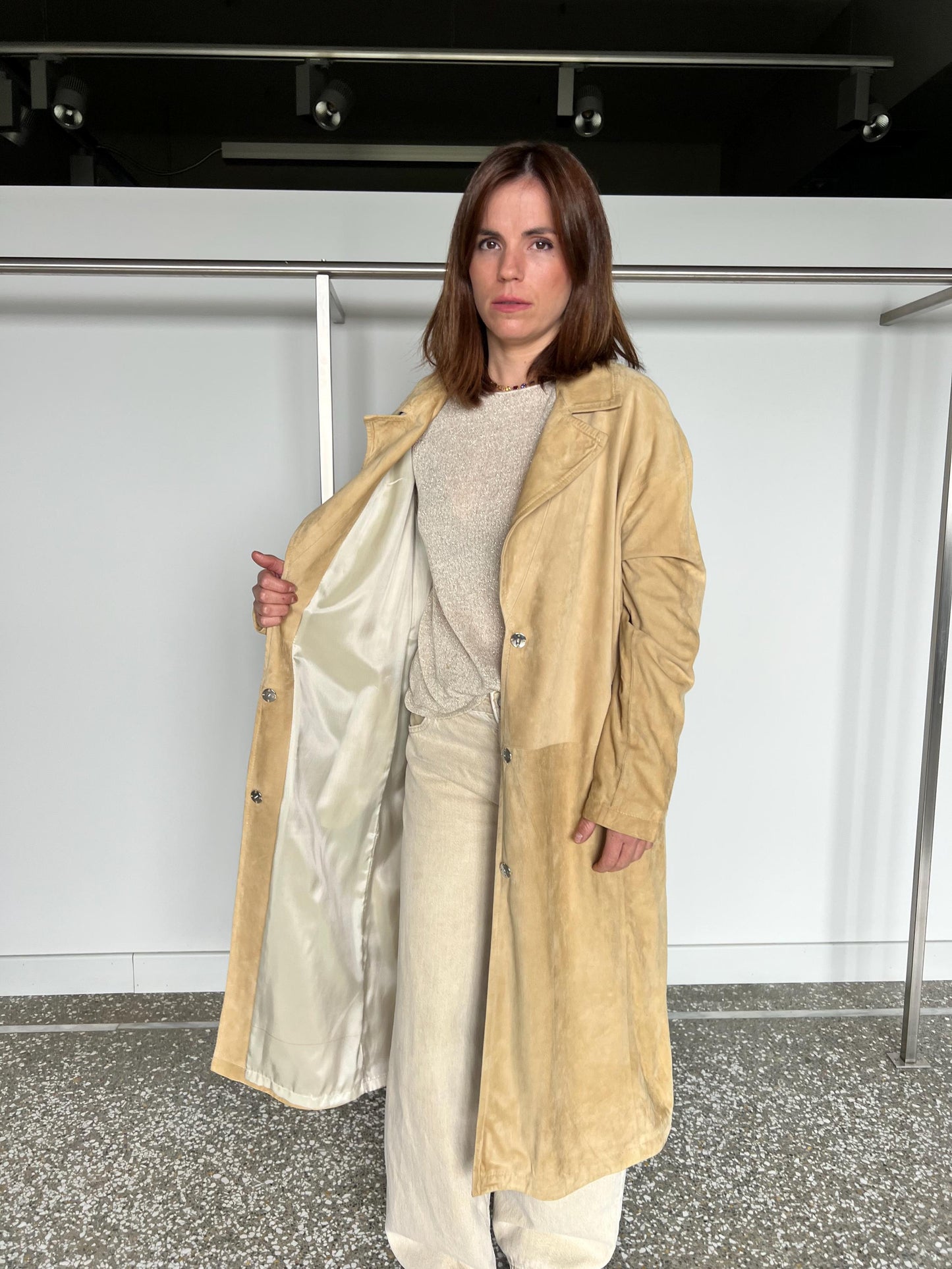 Handmade Beige Suede Leather Coat: Distressed Genuine Leather, Size Large