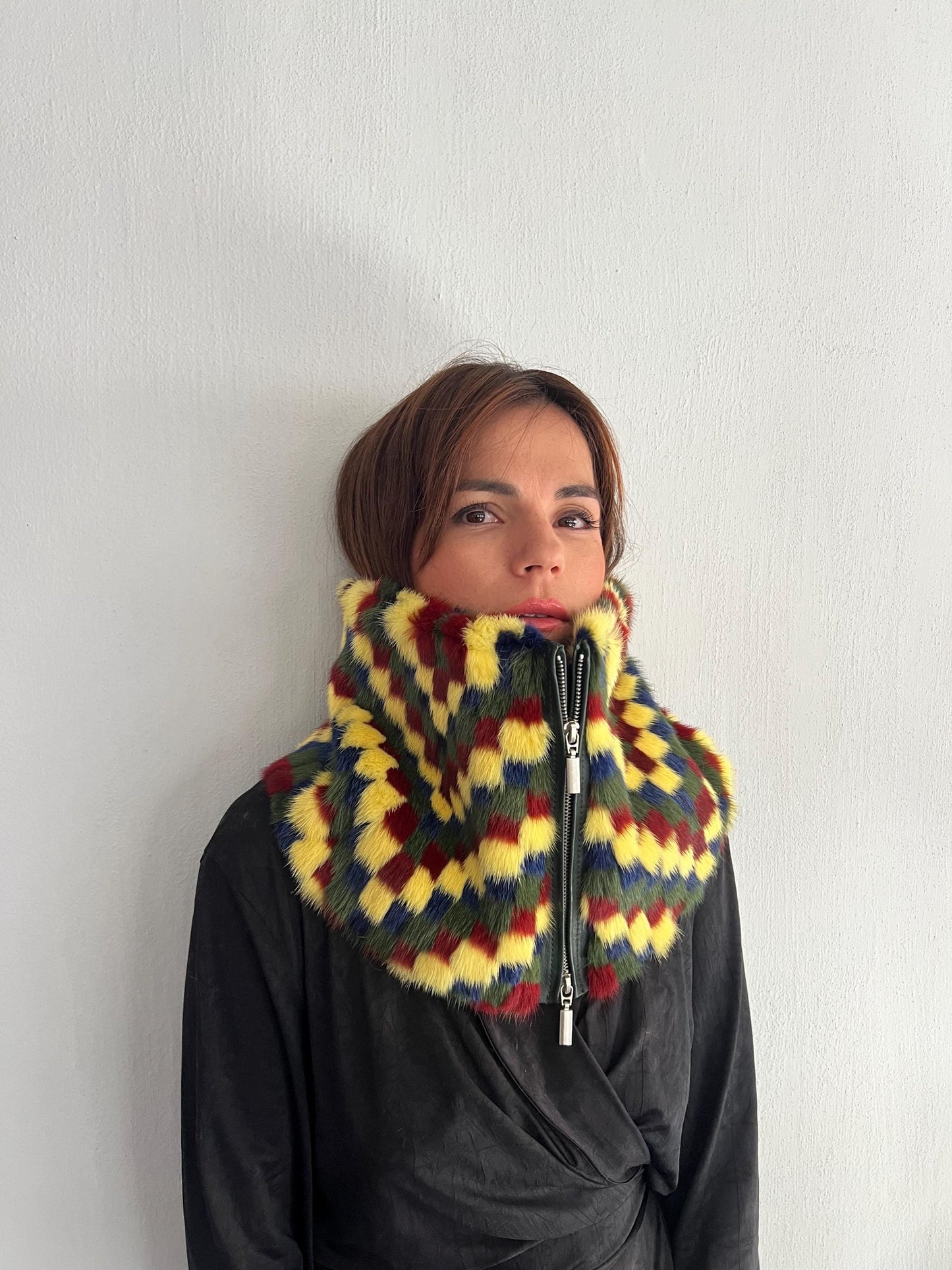 Multicolor Mink Fur Cowl Scarf: Zipped Leather Detail, Handmade