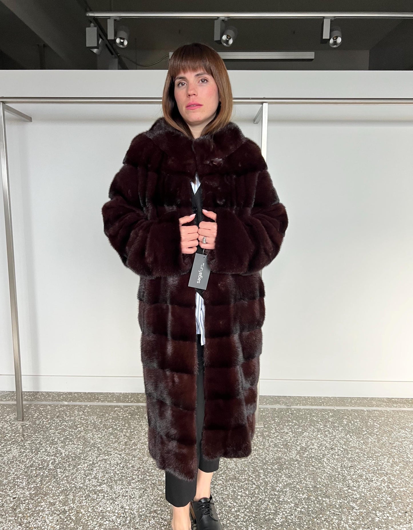 Burgundy Mink Fur Coat - Saga Quality, Edgy Stand Up Collar