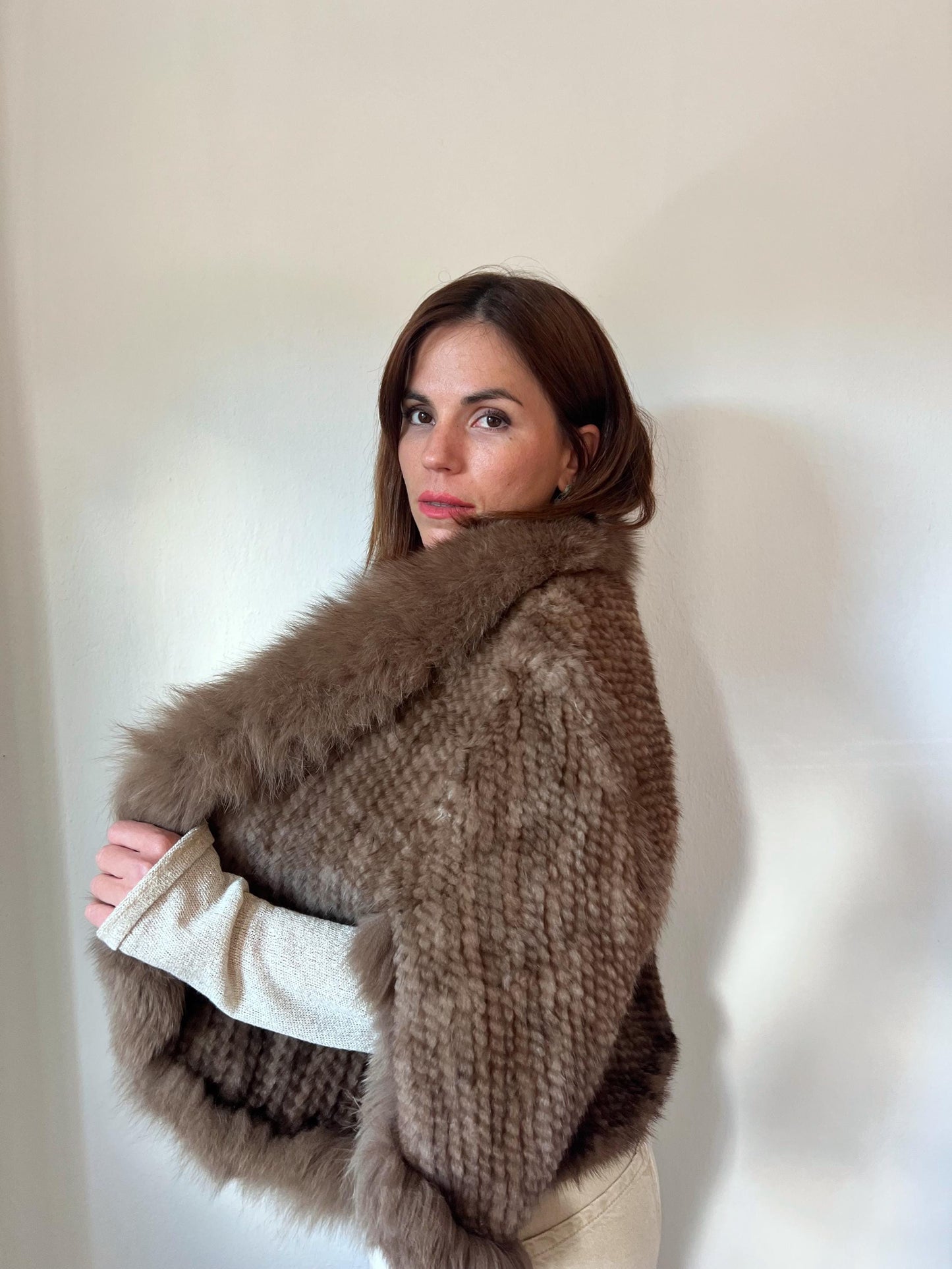Handwoven Mink Cape with Fox Fur Trim - Taupe Poncho Jacket