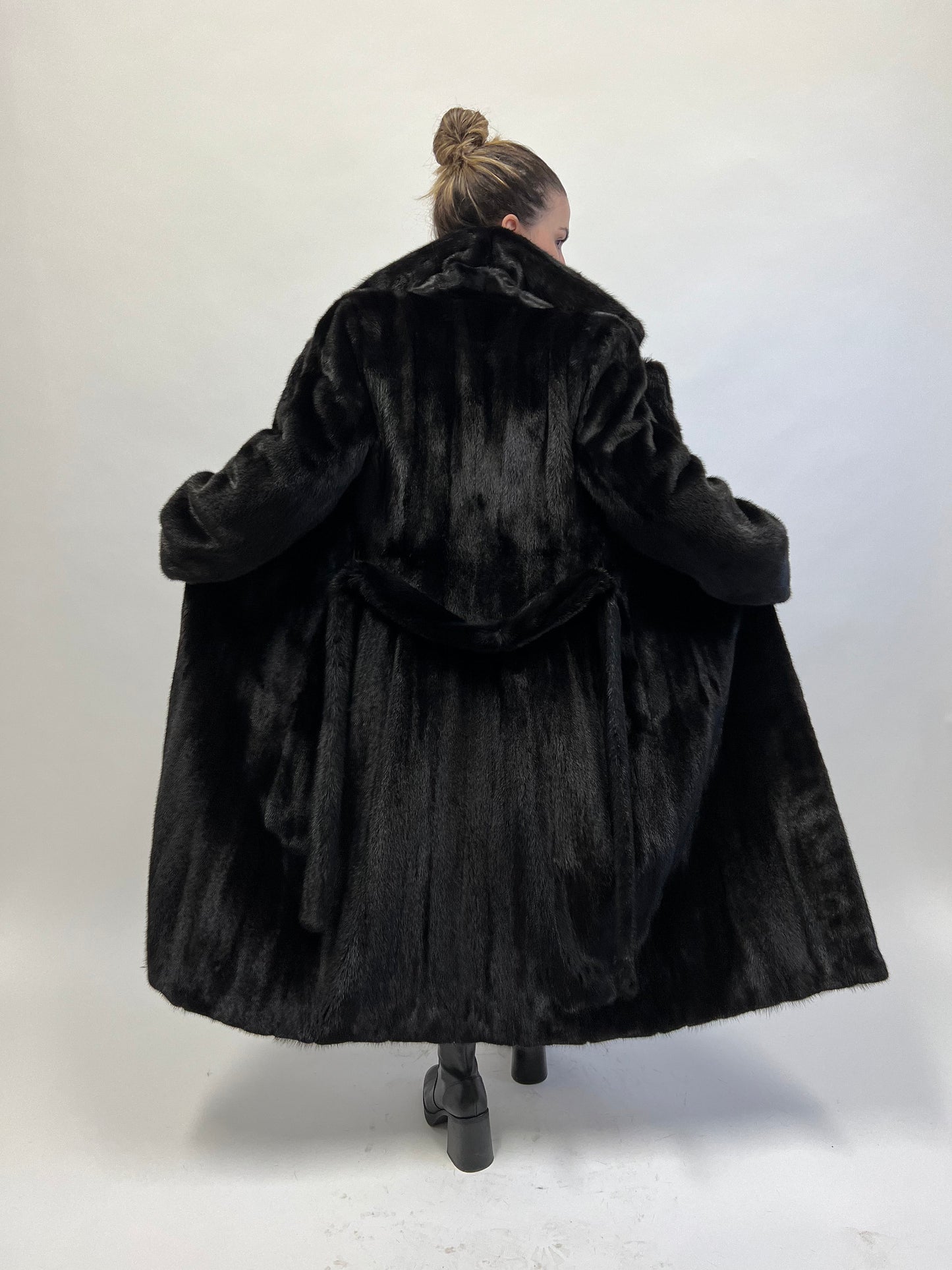Handmade Black Mink Fur Long Coat: Belted Luxury Outerwear