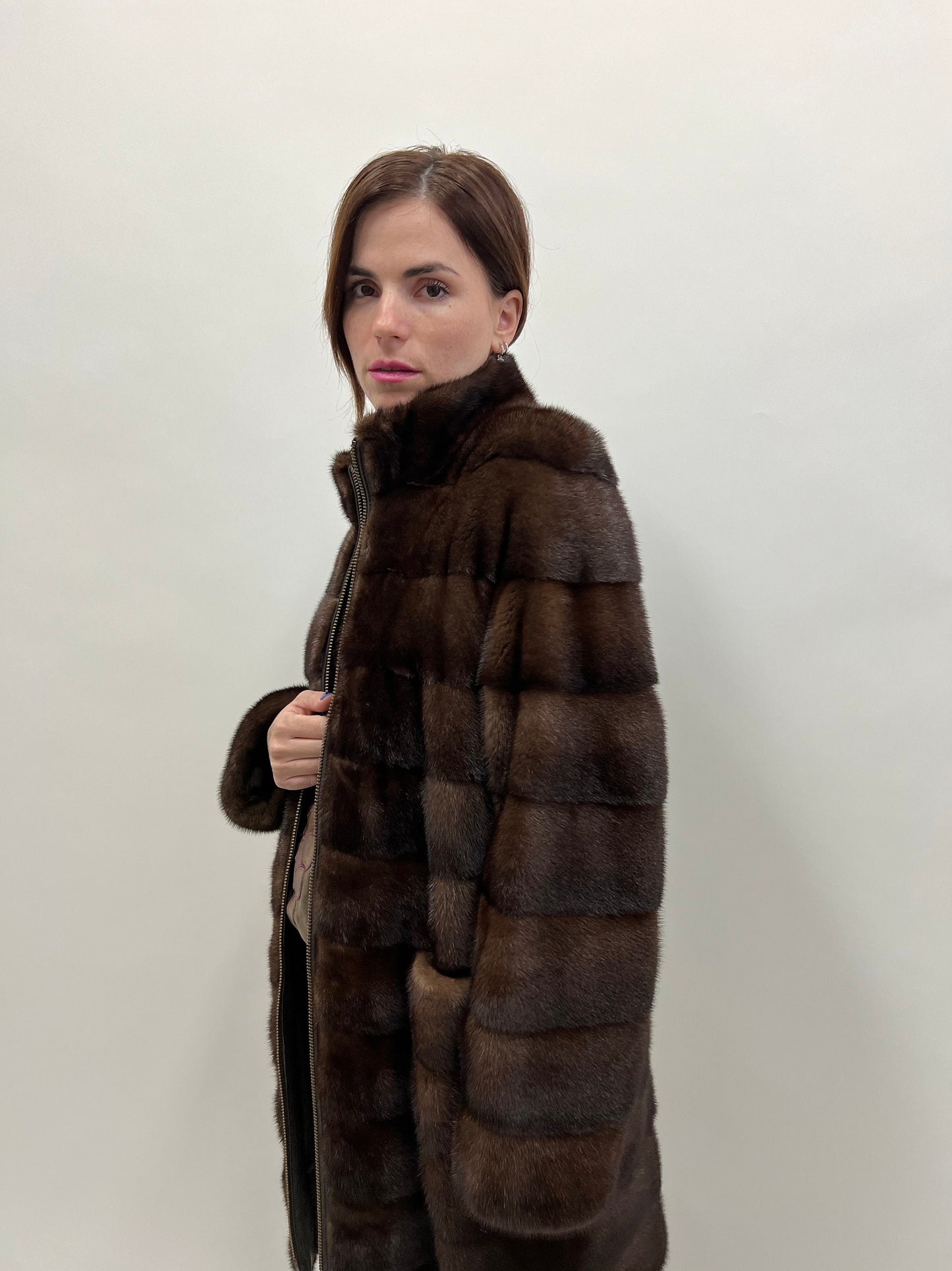 Brown Mink Fur Coat: Saga Male Pelts, Zipped Modern Design