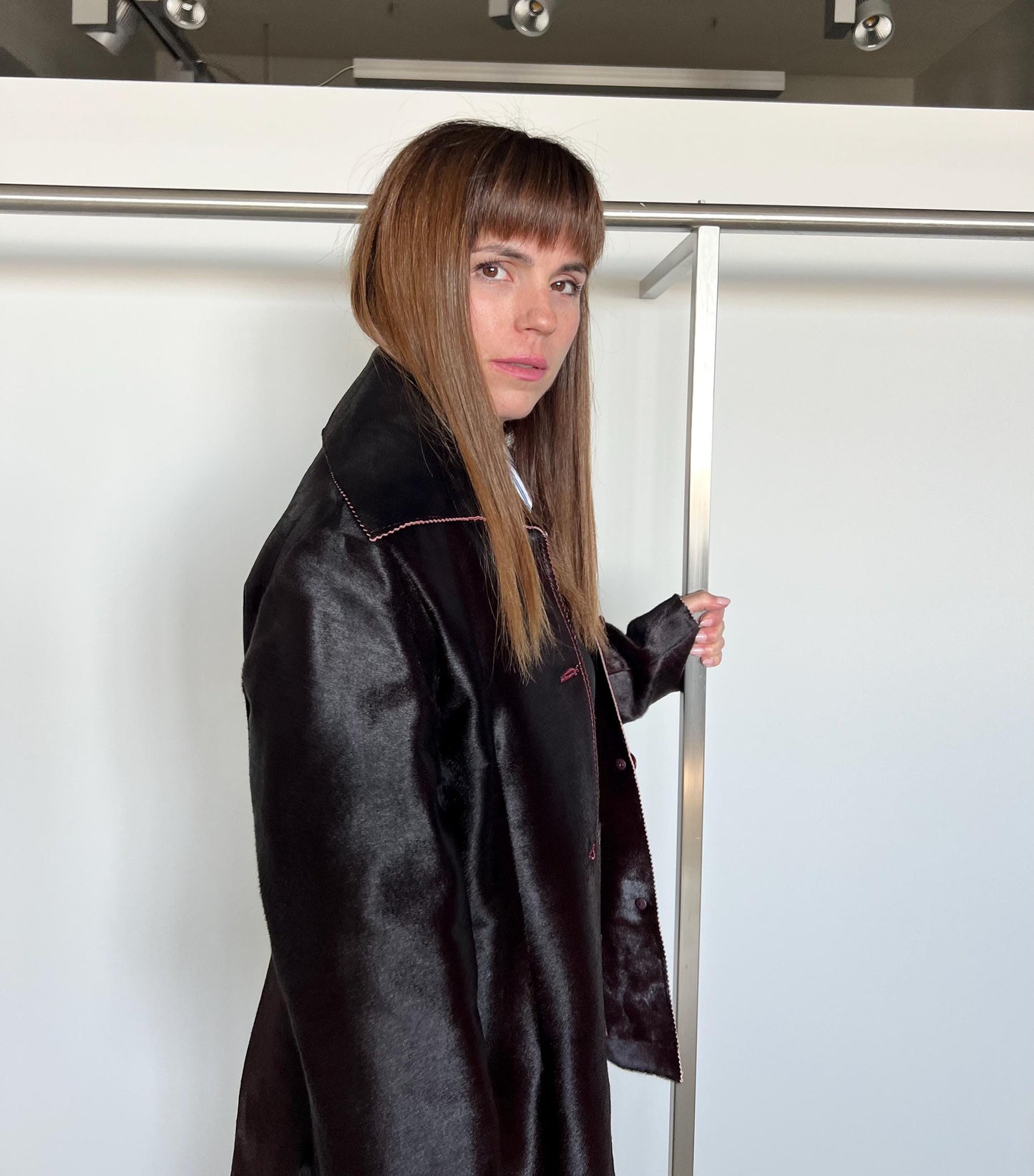 Burgundy Pony Hair Leather Coat: Handmade Calf Hide Jacket