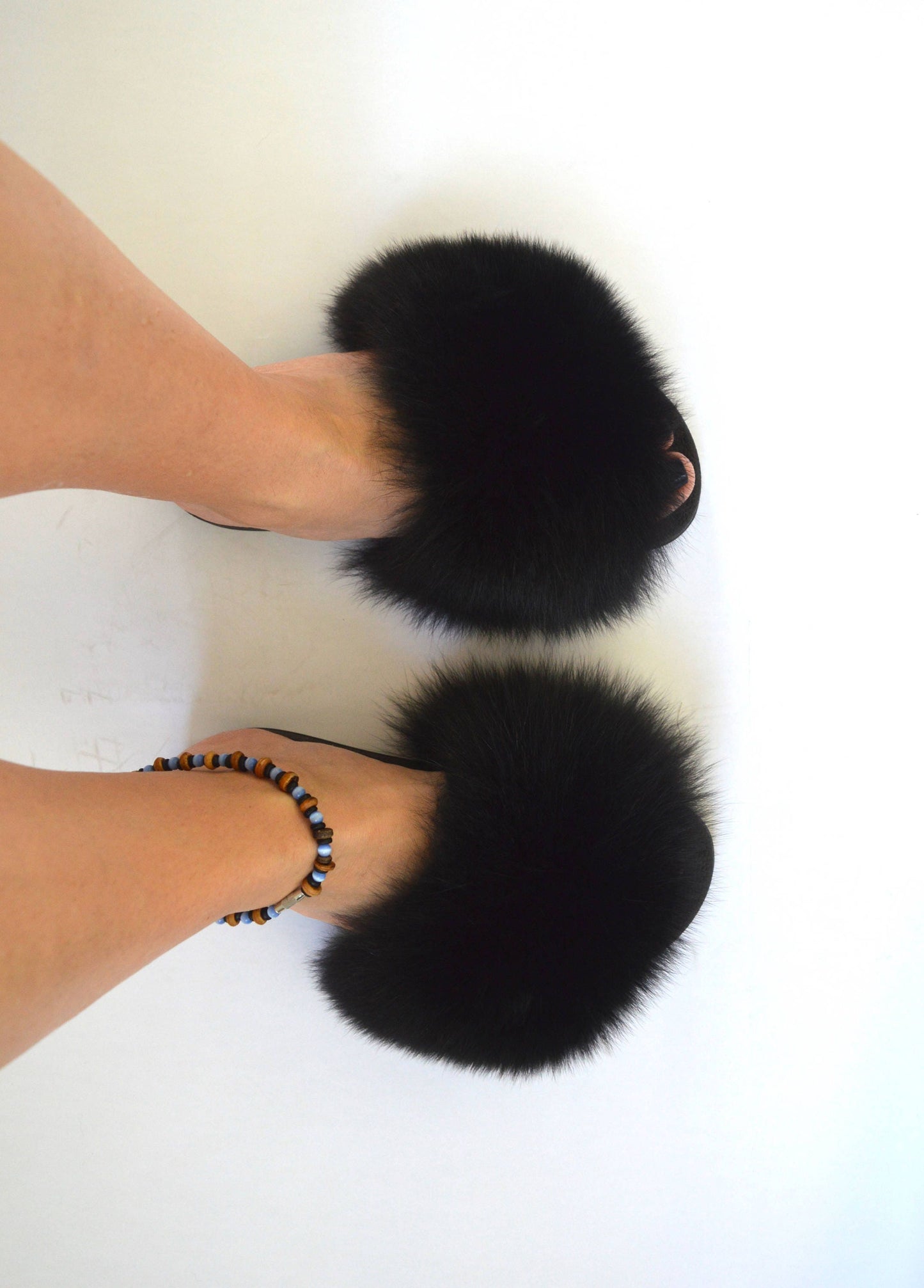 Black Fox Fur Slides: Genuine Fur Slippers with PVC Sole