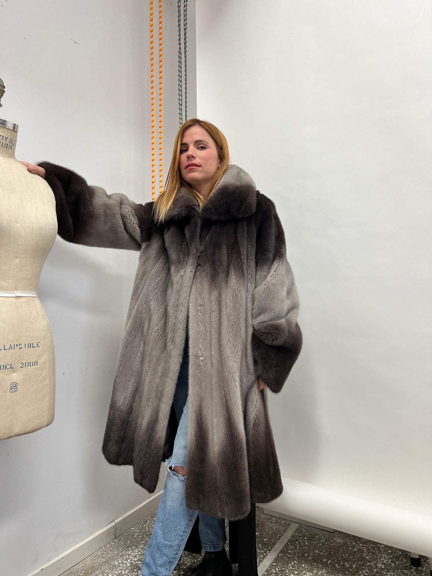 Saga Fur Mink Coat: Degrade Silver Graphite, Size 2XL