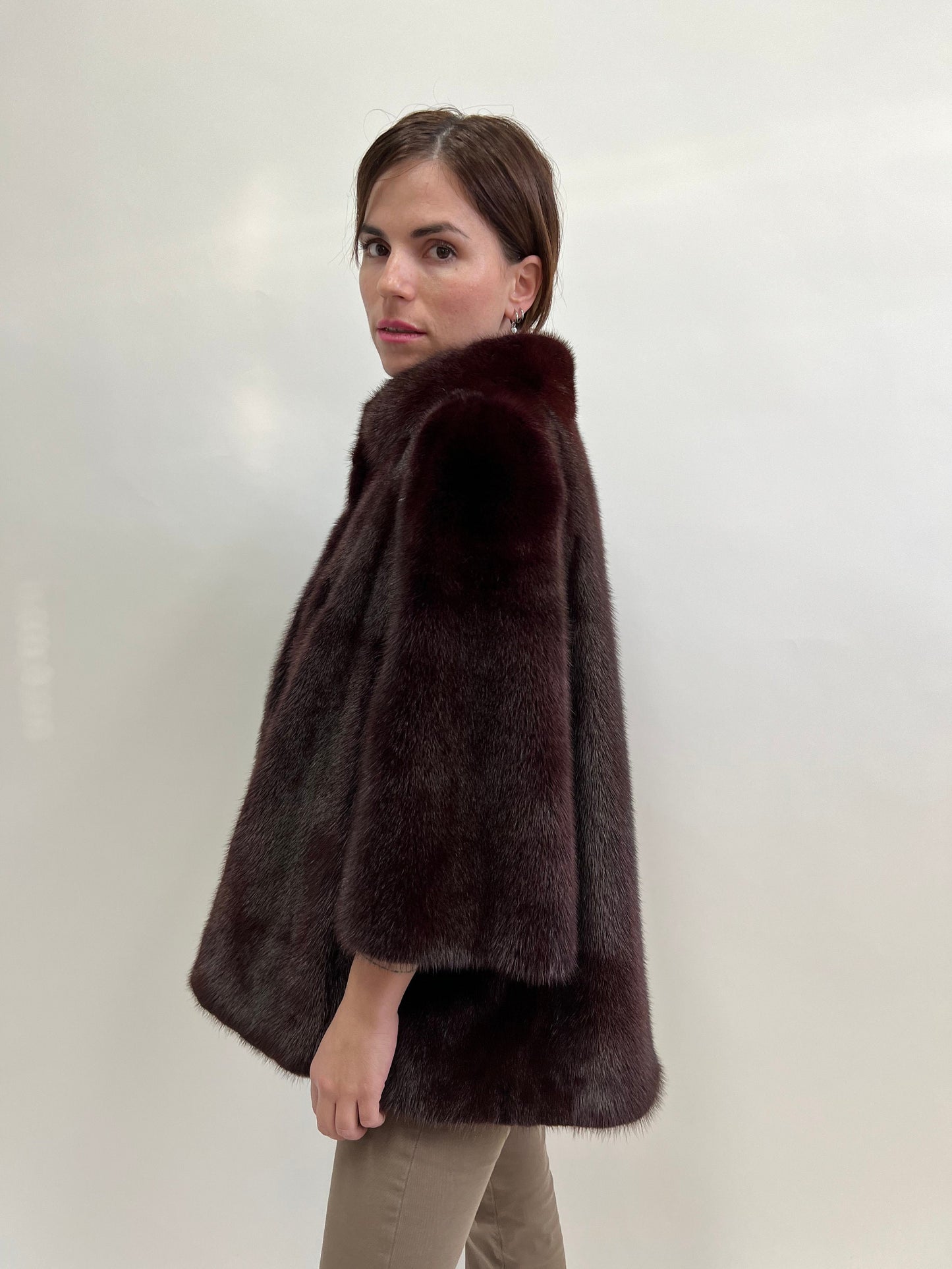 Burgundy Mink Fur Jacket: Saga Quality, Edgy Stand Up Collar