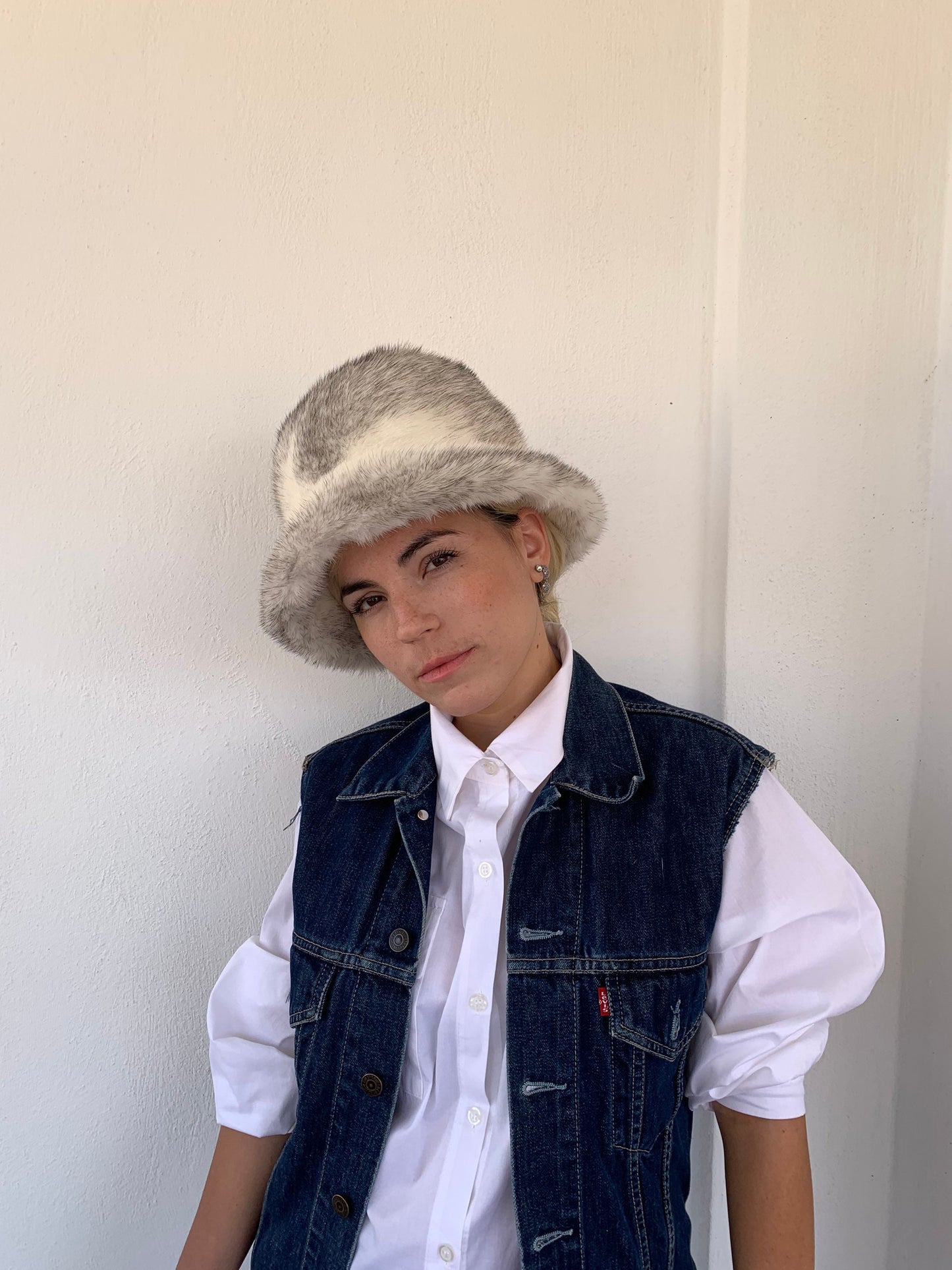 Real Mink Fur Bucket Hat: Silver Cross Design, Padded Lining