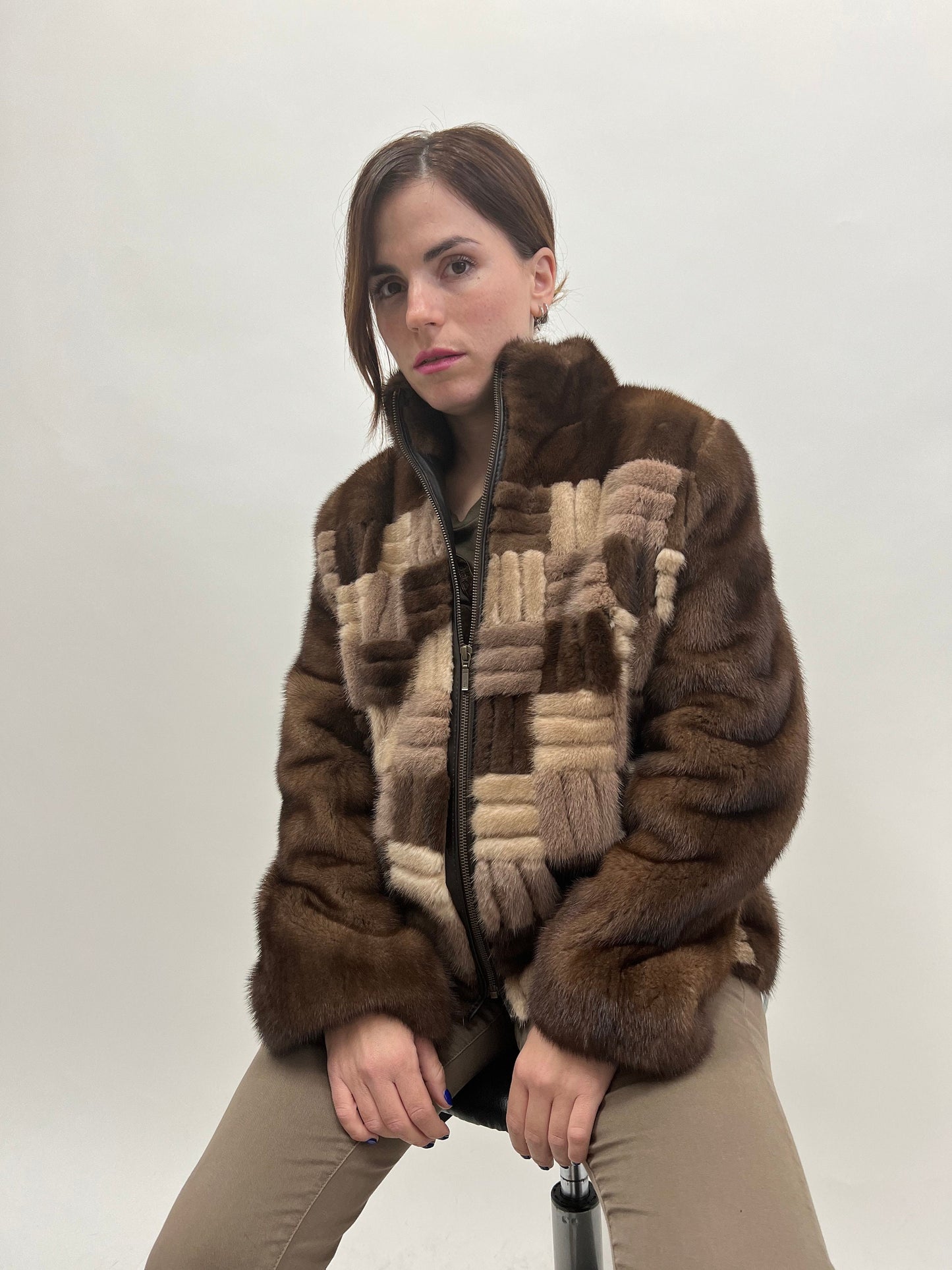 Intarsia Brown Mink Fur Jacket: Lightweight Zip Coat, Saga Fur