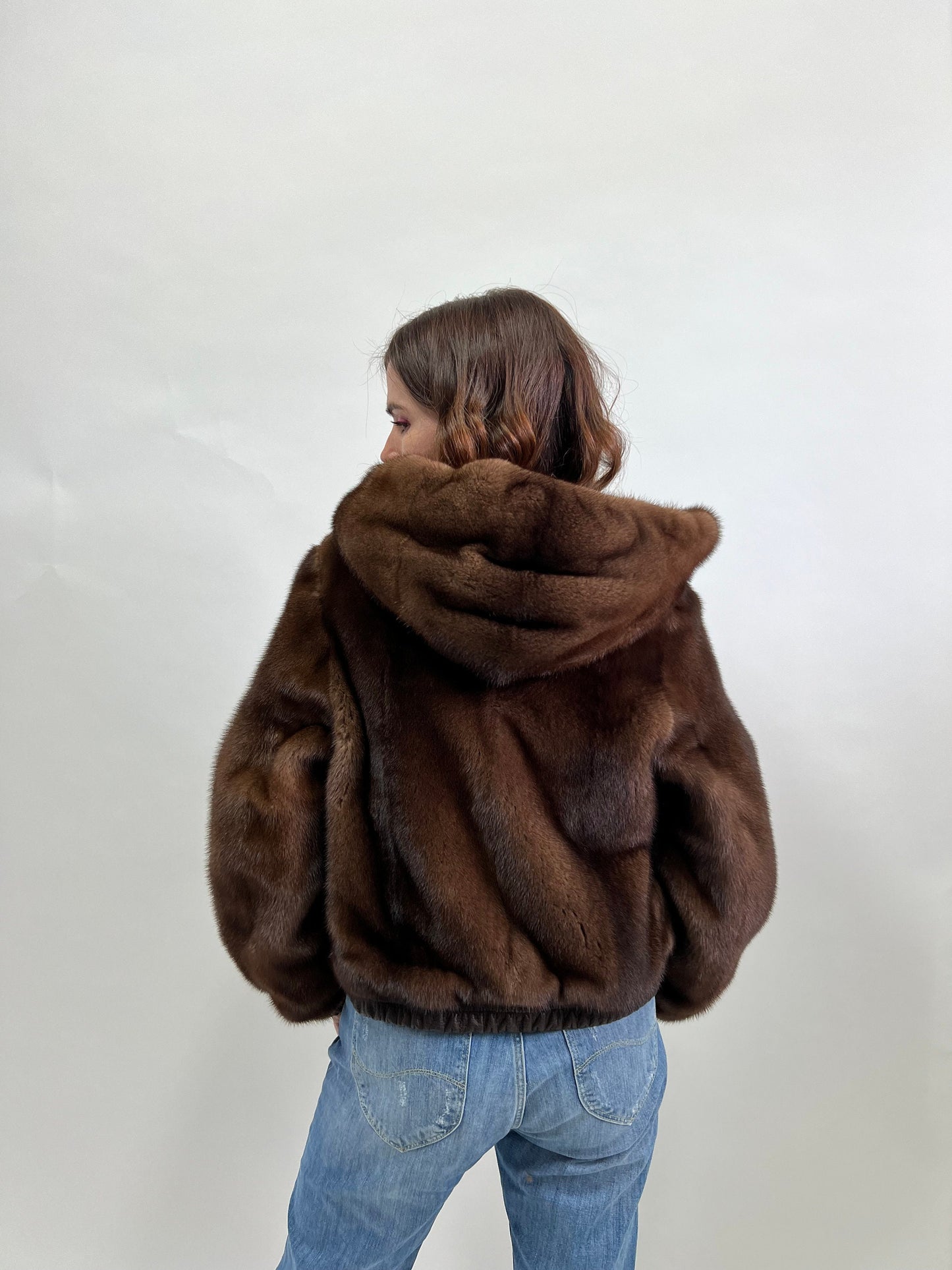Reversible Brown Leather Mink Fur Hooded Bomber Jacket