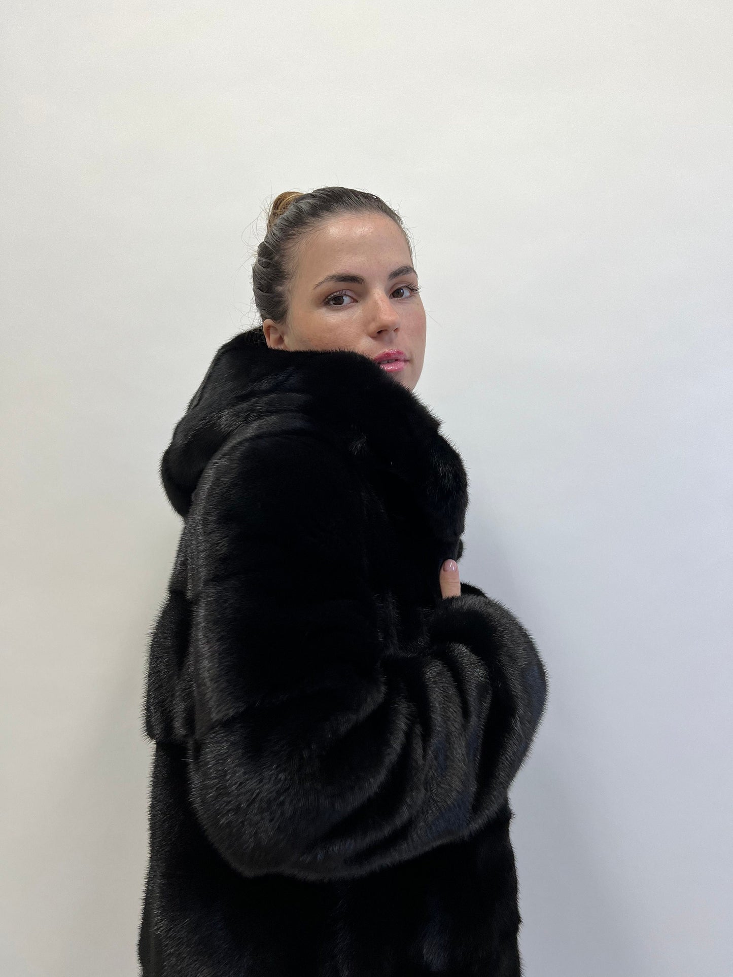 Real Mink Fur Hooded Coat: Black Full Skin Jacket