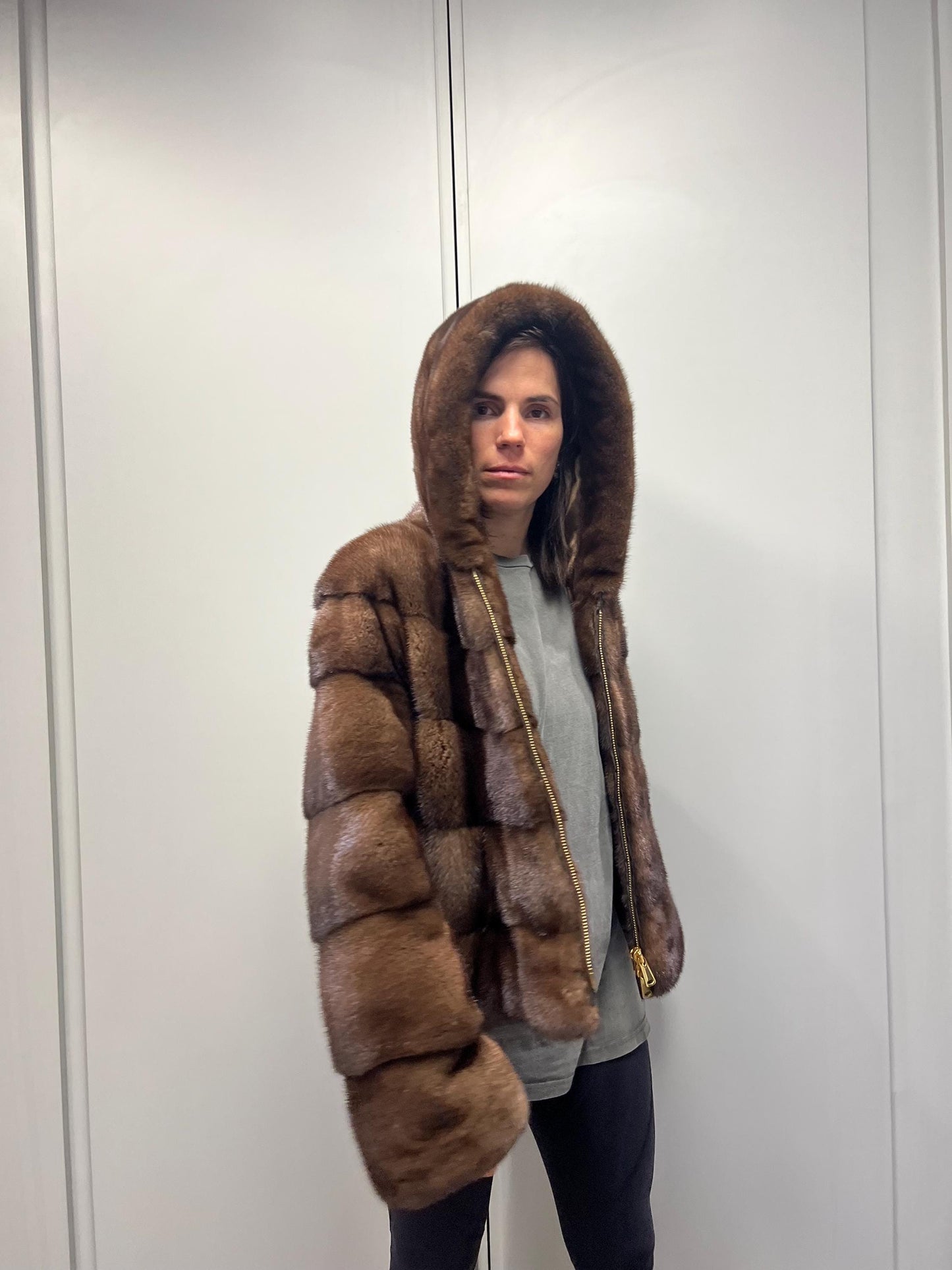 Brown hooded Mink Fur Jacket: Handmade Saga Mink Coat