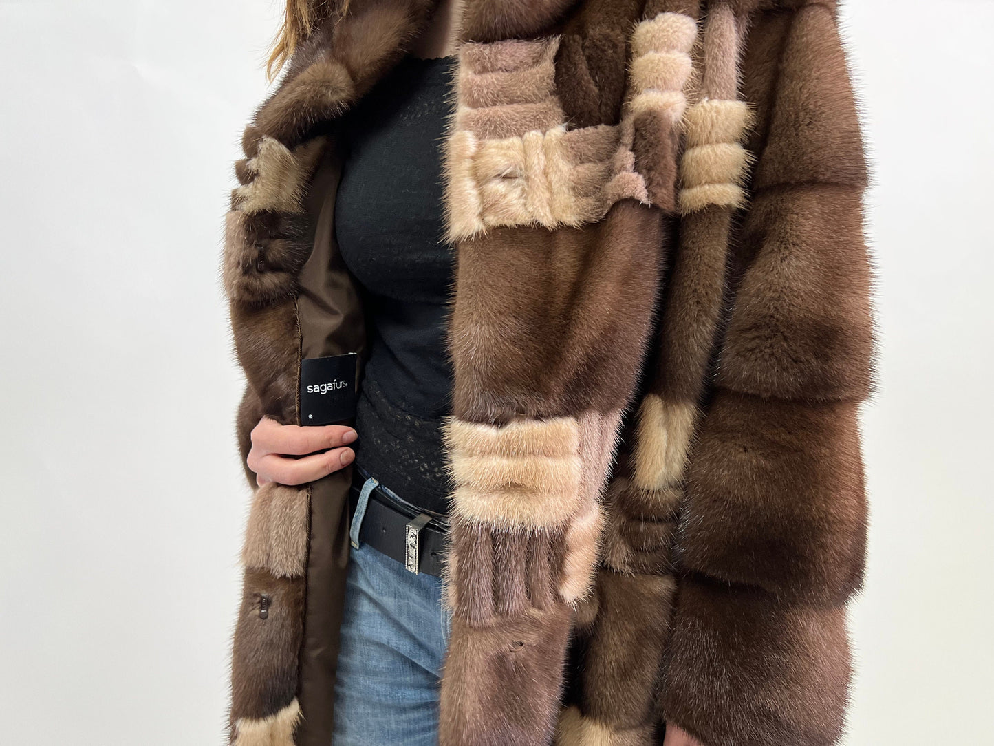 Intarsia Brown Mink Fur Coat - Saga Lightweight Zip-Up - Size Large