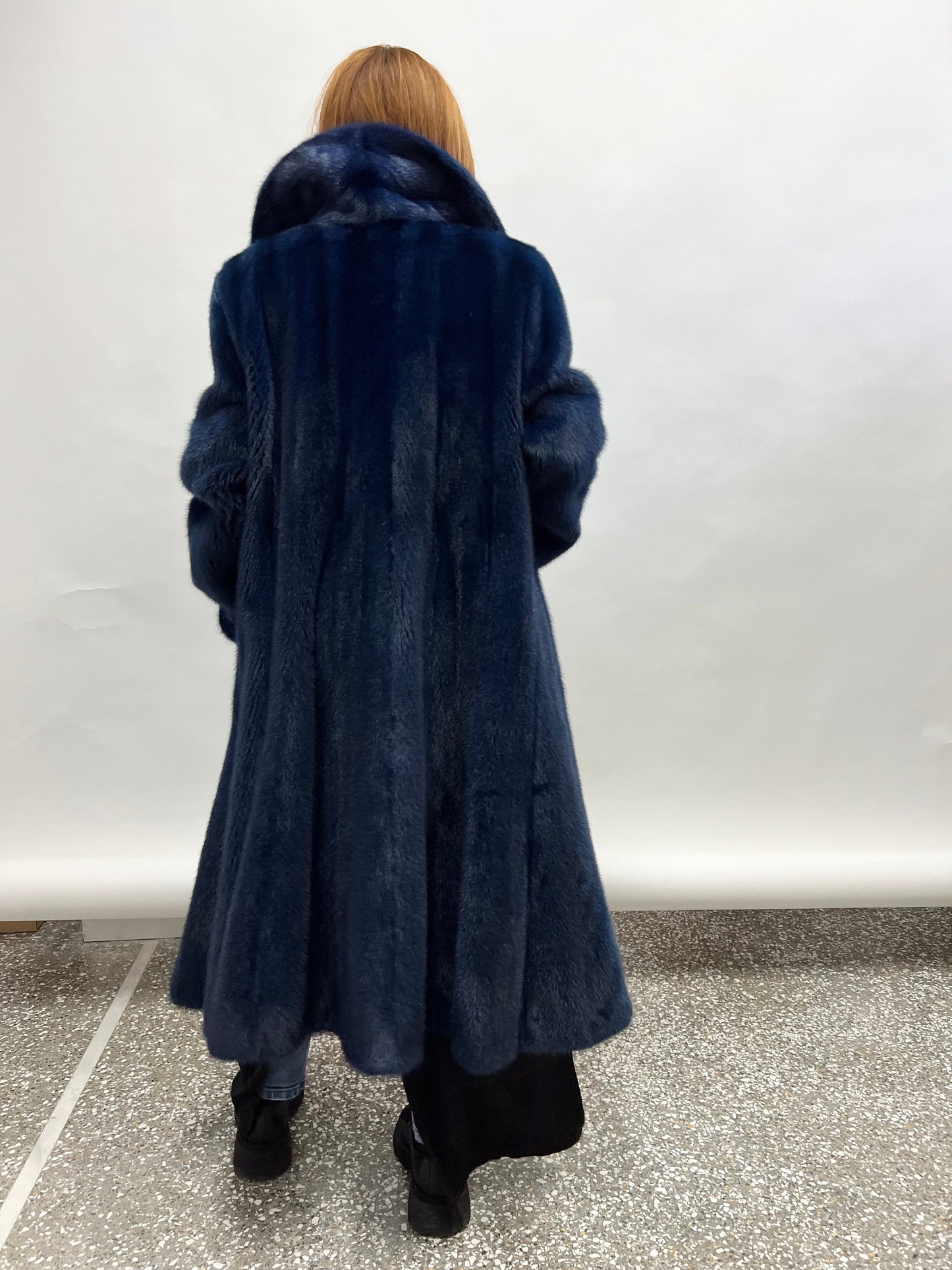 Navy Blue Mink Fur Godet Coat - Handmade in Greece