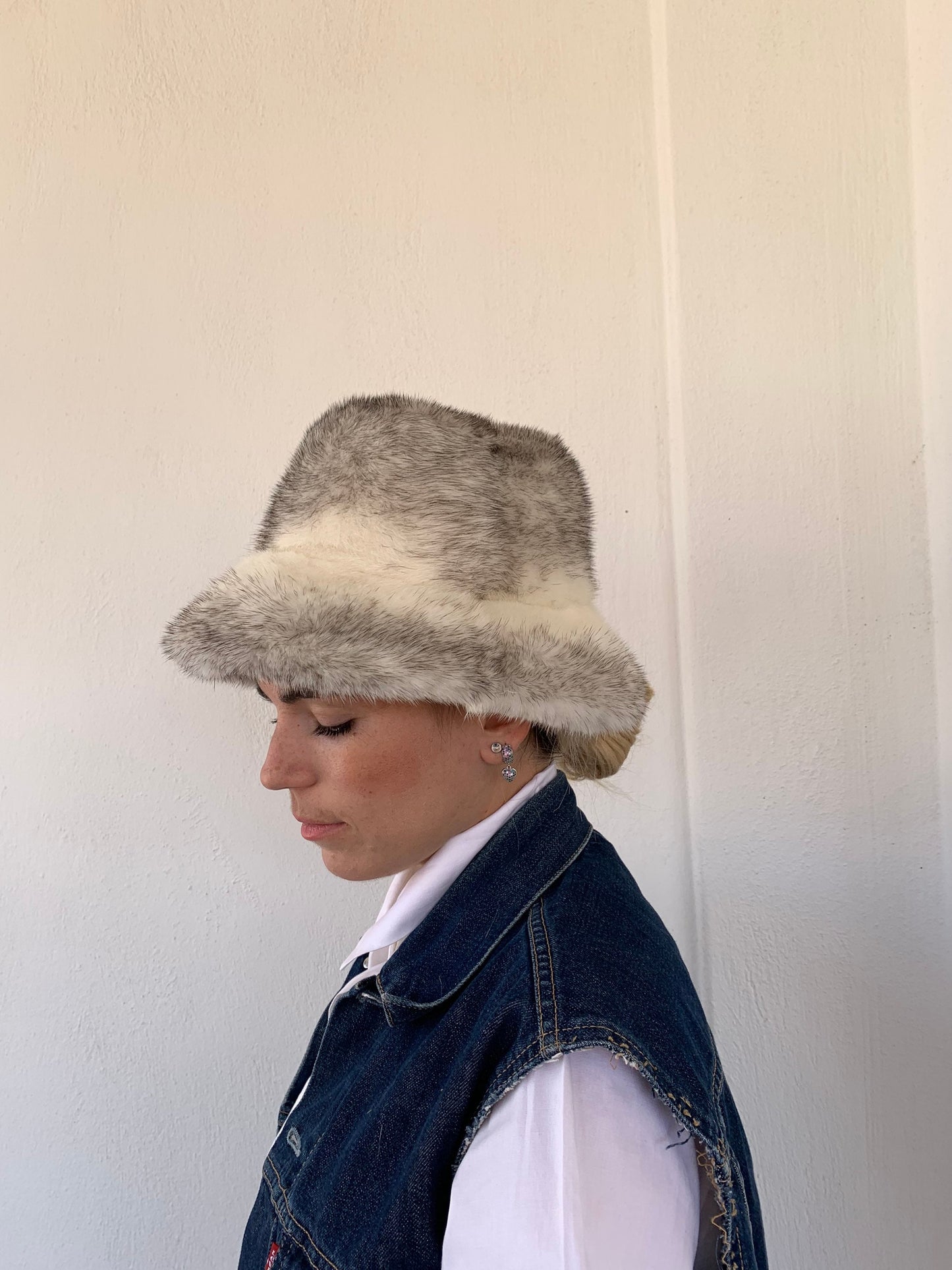 Real Mink Fur Bucket Hat: Silver Cross Design, Padded Lining