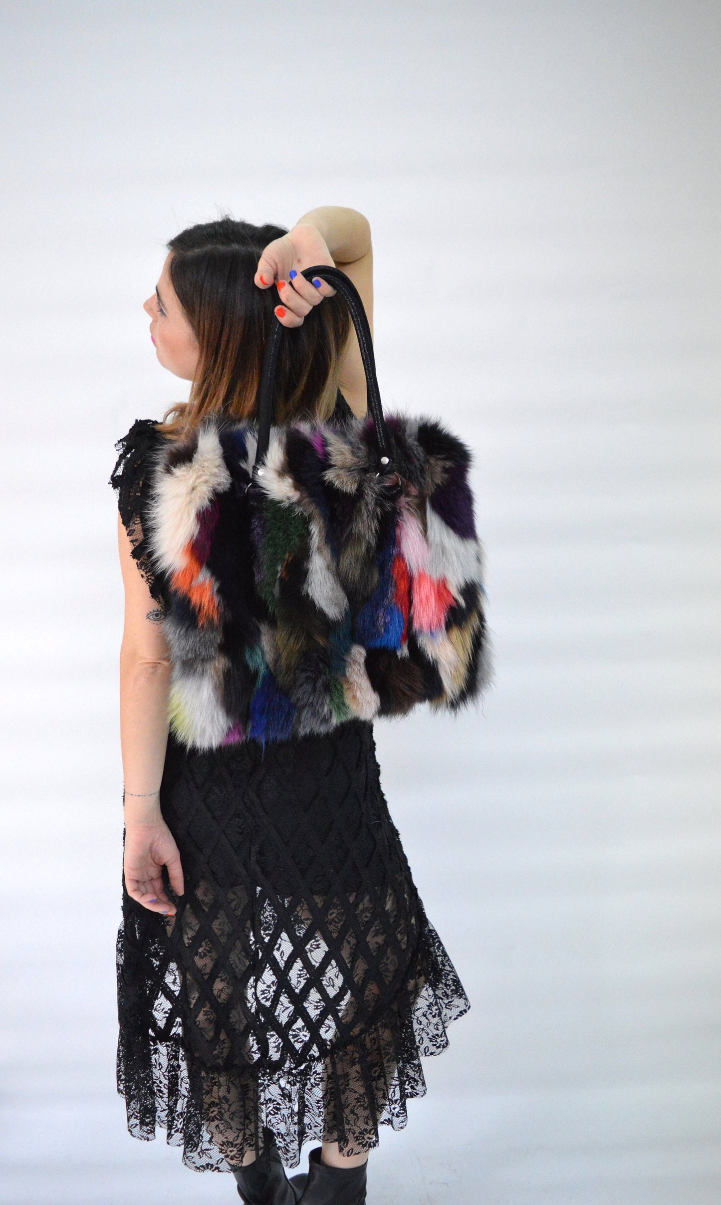 Multicoloured Fox Fur Tote Bag: Leather Details, Rabbit Fur Trim