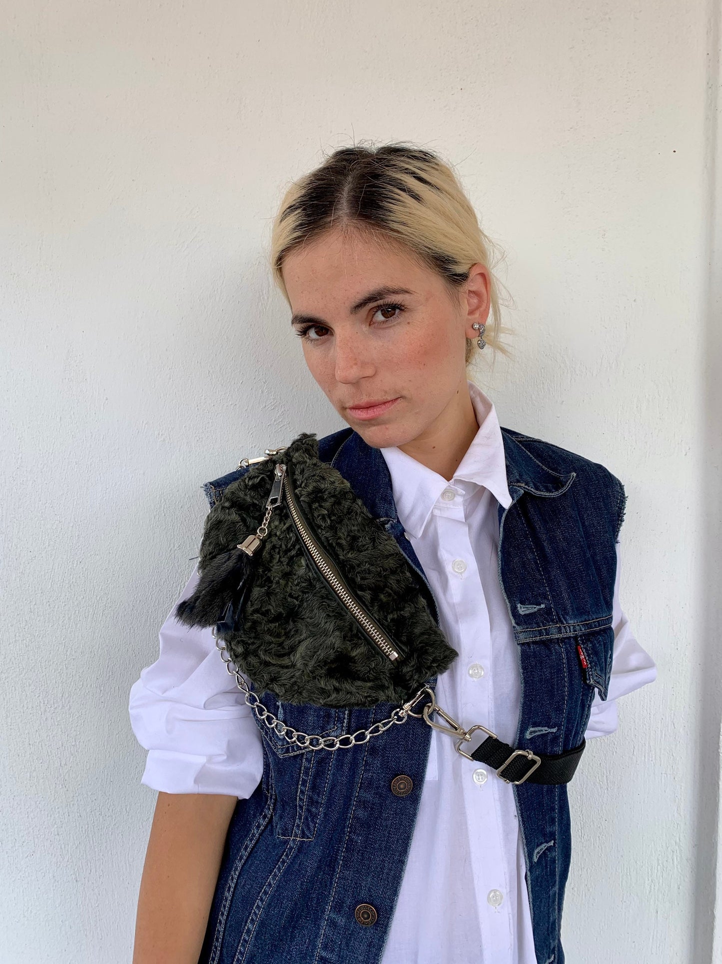 Olive Lamb Fur Bumbag with Chain Tassel: Luxury Fanny Pack
