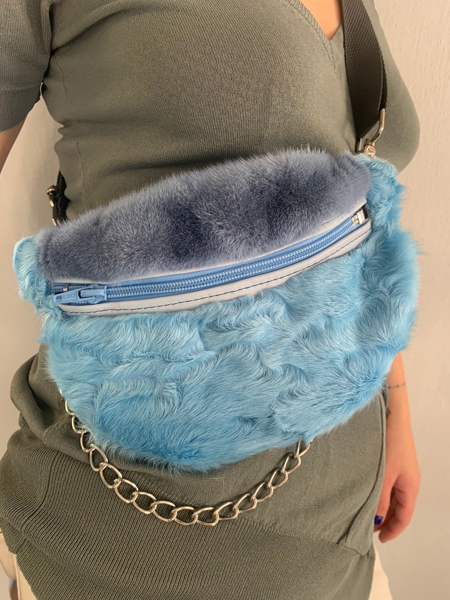 Real Mink Fur Bumbag: Lined Fanny Pack with Chain