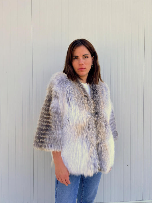 Handmade Fox Fur Jacket: White & Grey Lightweight Fluffy Coat