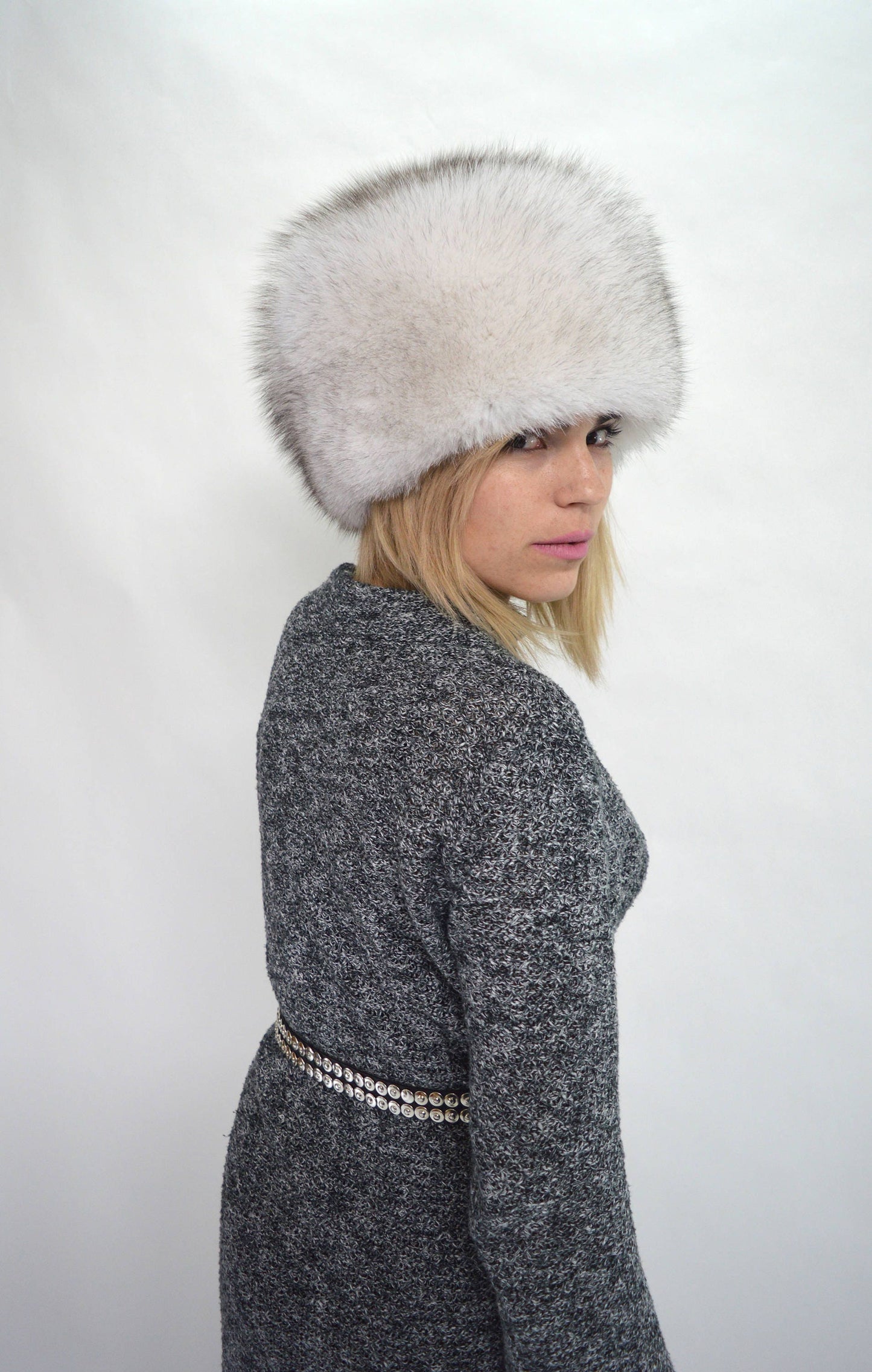 Blue Fox Fur Cossack Hat, Winter Fluffy Head Warmer