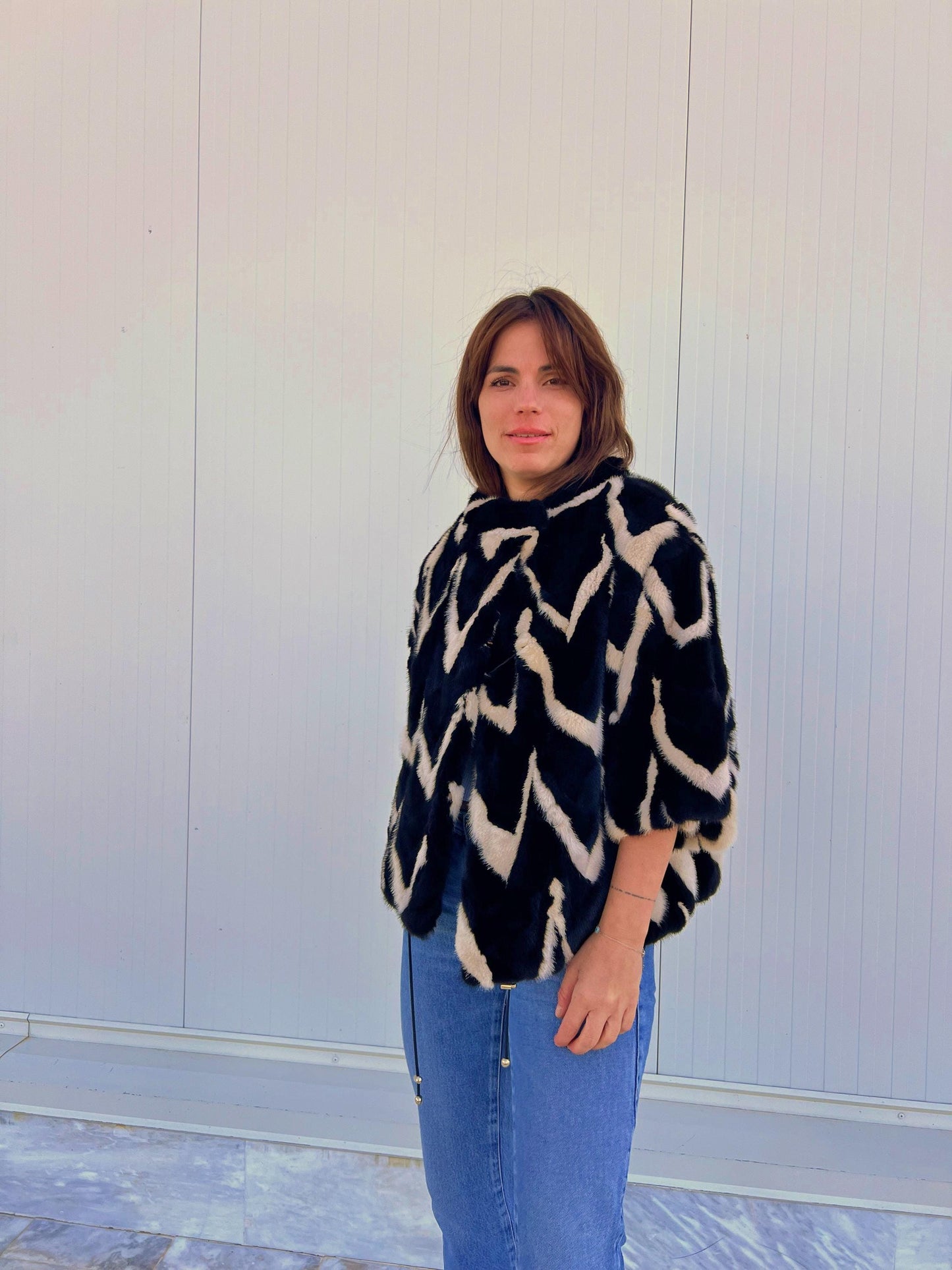 Intarsia Mink Fur Jacket: Beige & Black Genuine Fur Blazer