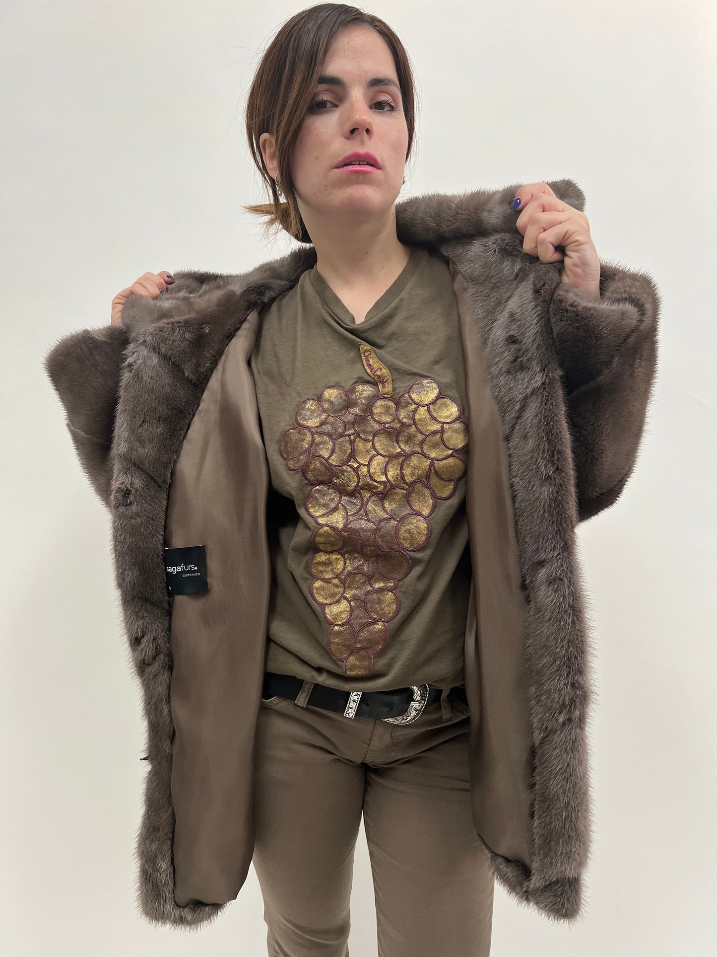 Saga Mink Fur Hooded Jacket, Warm Grey Diagonal Coat
