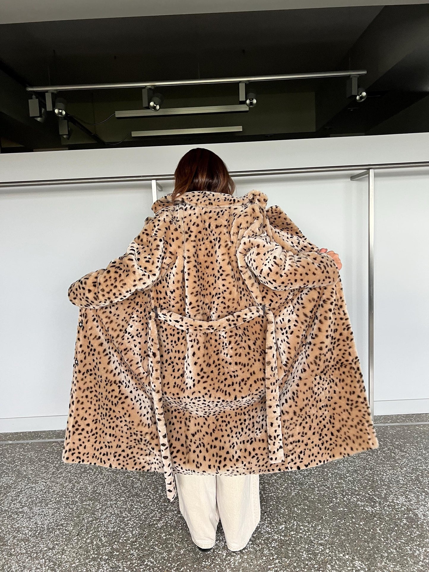Handmade Merino Shearling Coat: Animal Stamp Fur Stroller, Brown Leather Wrap