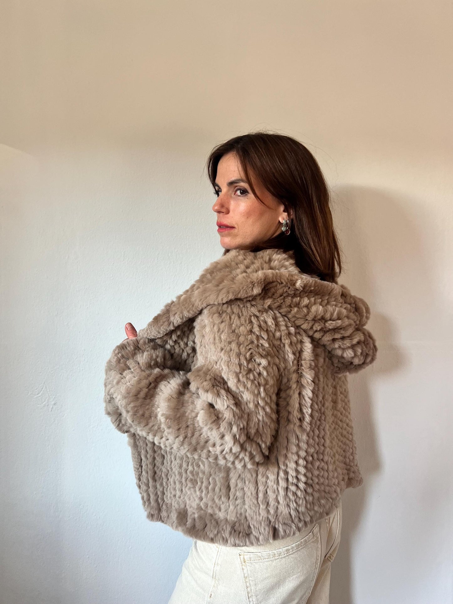 Handwoven Taupe Rabbit Fur Hooded Jacket - Frogs Closure