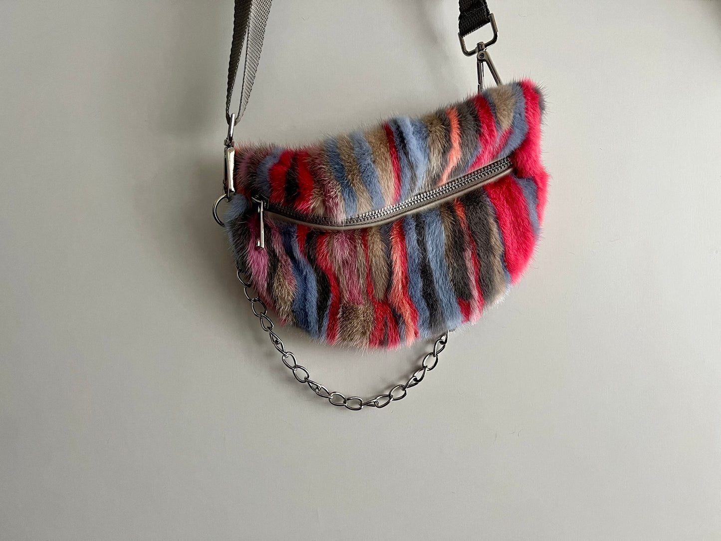 Multicolor Mink Fur Bumbag with Chain: Luxury Fanny Pack