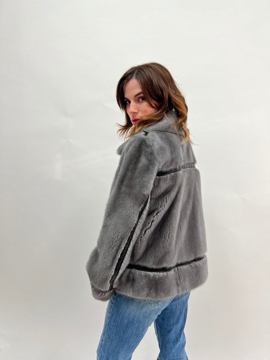Silver Blue Mink Fur Biker Jacket with Leather Details