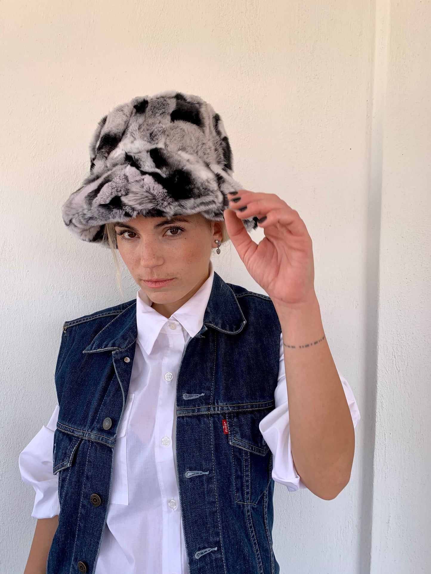 Rex Rabbit Fur Bucket Hat: Black & Grey Fisherman Style