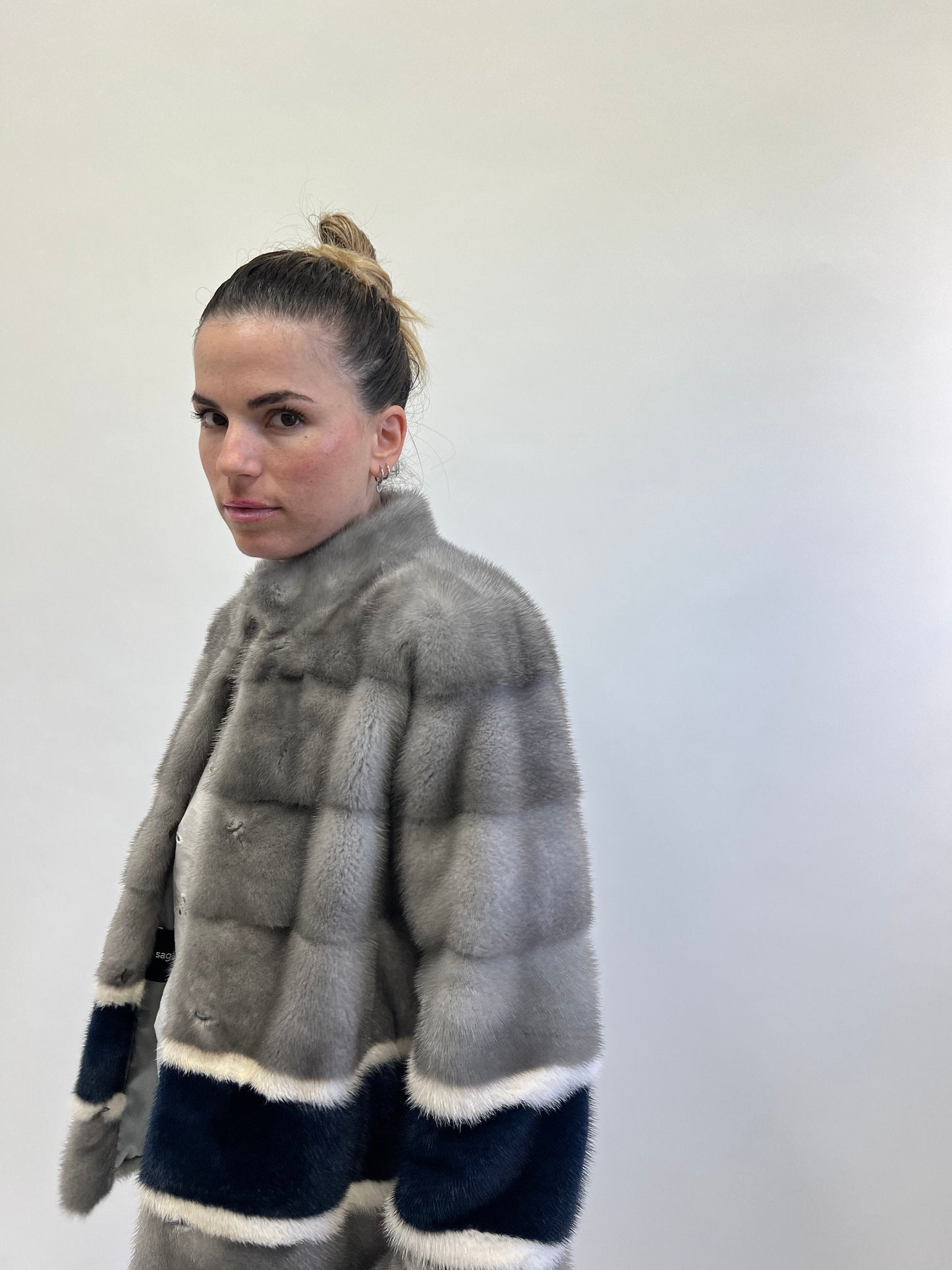 Sapphire Mink Fur Jacket: Navy, White & Grey Modern Coat