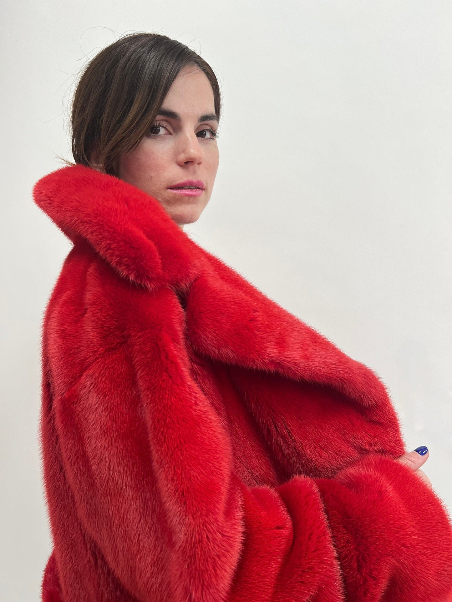 Fire Red Mink Fur Coat: Saga Quality Belted Jacket