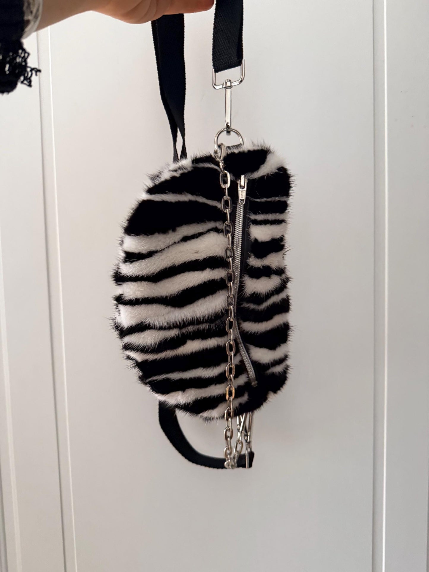 Black and white Mink Fur Bumbag with Chain: Luxury Fanny Pack