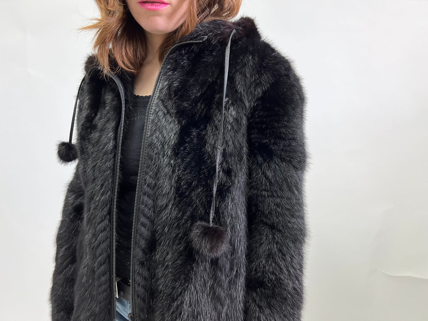 Real Mink Fur Hooded Bomber Jacket - Leather Trim, Size Medium